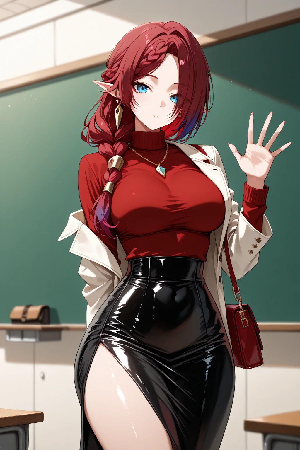 masterpiece, best quality, 1girl, rene, blue_eyes, demon_horns, short_hair, glasses, black turtleneck_sweater, skirt, thighhighs, skindentation, zettai_ryouiki, large_breasts, demon_tail