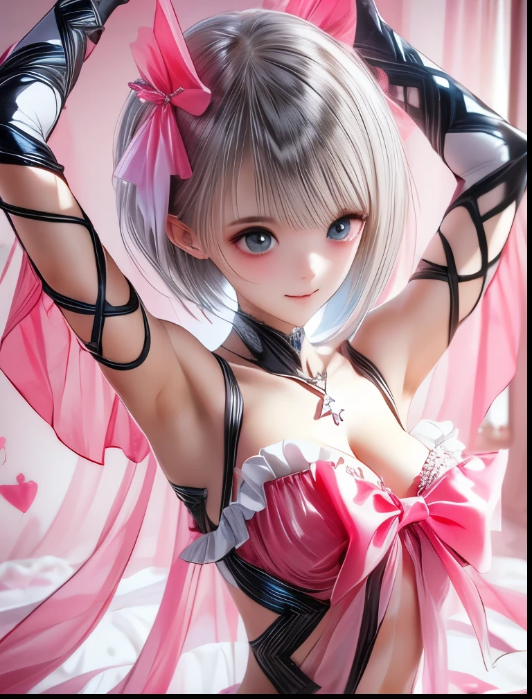 (((SFW、Accuracy、Highest quality、 A first-class masterpiece 、 Normal body 、32K、 detailed face 、 super precision 、 Normal Hands 、5 fingers、Highest、3d)))、" BLUEREFLECTION"、Hinako Shirai、 hinako、Silver-white hair、 bob cut、Heterochromia(Blue and Black)、 Odd Eye(Blue and Black)、Transformation Magical Girl、Reflector、 short、Big Breasts、 slender、 slim、Half naked、Muscle Exposure、Navel exposed、Wrapping Ribbon、ribbon underwear、Ribbon Bondage、Naked Ribbon、 Valentine's Day Chocolate、 presents are for me 、Stretch your arms out in front of you、Offer a gift box、Hug Pose、 Chocolate Decorate Yourself、Body Decorations 、Whole-body chocolate、 bedroom、happy, ashamed, blushing, smiling、Covered with chocolate