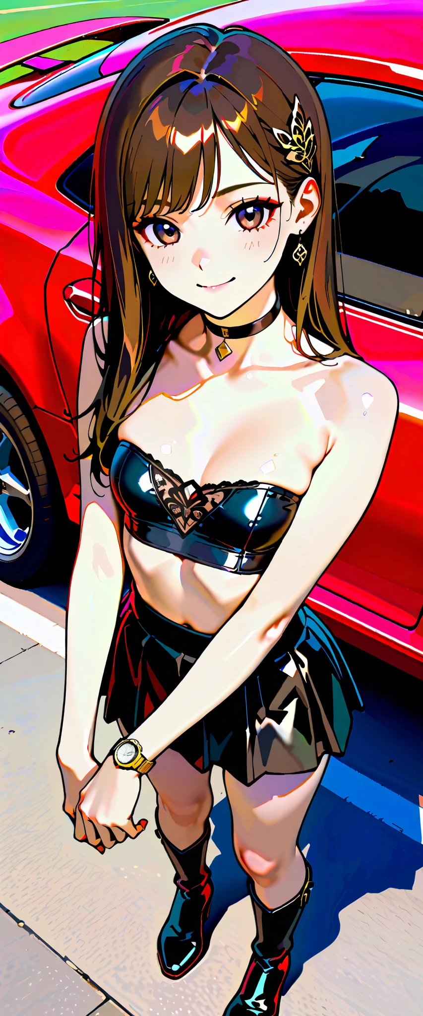  top quality,  super high resolution,  One person,   small breasts,  Black Choker, smile,  exposes shoulders,  focus only ,  Watch Viewers ,Fair skin,Car racing track, photon mapping to viewers,  Highly Detailed Background, K-pop Idol , depth of field, hair ornament, detailed face,輝く肌,,whole body,  shiny micro mini skirt ,shiny micro tube top,shiny long boots lace queen, small tits, cute pose , sports car,,