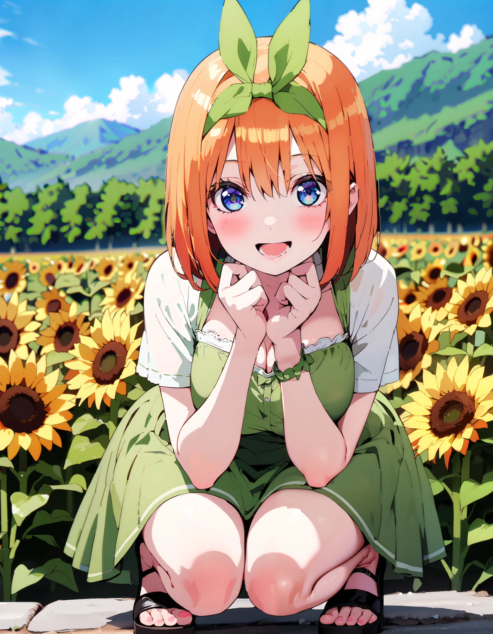 Nakano Yotsuba, short hair, bangs, blue eyes, , orange hair,Eye hair ribbon , headband, orange hair, (Green ribbon:1.5),smile,blush, open your mouth,Big Breasts, cleavage, green off-shoulder dress ,Green mini skirt, cute heeled sandals , is crouching,whole bodyがイラストに入る入るように, break outdoors,Sunflower field, Compa,Mountain,lake,
break looking at viewer,whole body,
break ( Masterpiece:1.2), top quality , kampala, Unity 8k Wallpaper,(shape:0.8),( fine, beautiful eyes :1.6),It's a person ,whole body写真,CG Details , ( perfect hands, Complete Anatomy),