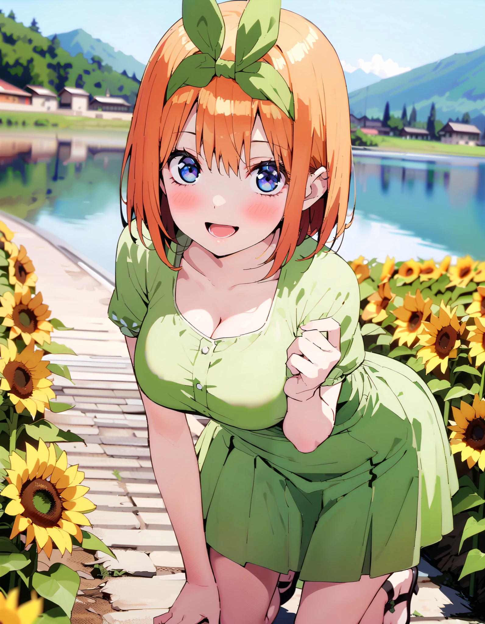 Nakano Yotsuba, short hair, bangs, blue eyes, , orange hair,Eye hair ribbon , headband, orange hair, (Green ribbon:1.5),smile,blush, open your mouth,Big Breasts, cleavage, green off-shoulder dress ,Green mini skirt, cute heeled sandals , is crouching,whole bodyがイラストに入る入るように, break outdoors,Sunflower field, Compa,Mountain,lake,
break looking at viewer,whole body,
break ( Masterpiece:1.2), top quality , kampala, Unity 8k Wallpaper,(shape:0.8),( fine, beautiful eyes :1.6),It's a person ,whole body写真,CG Details , ( perfect hands, Complete Anatomy),