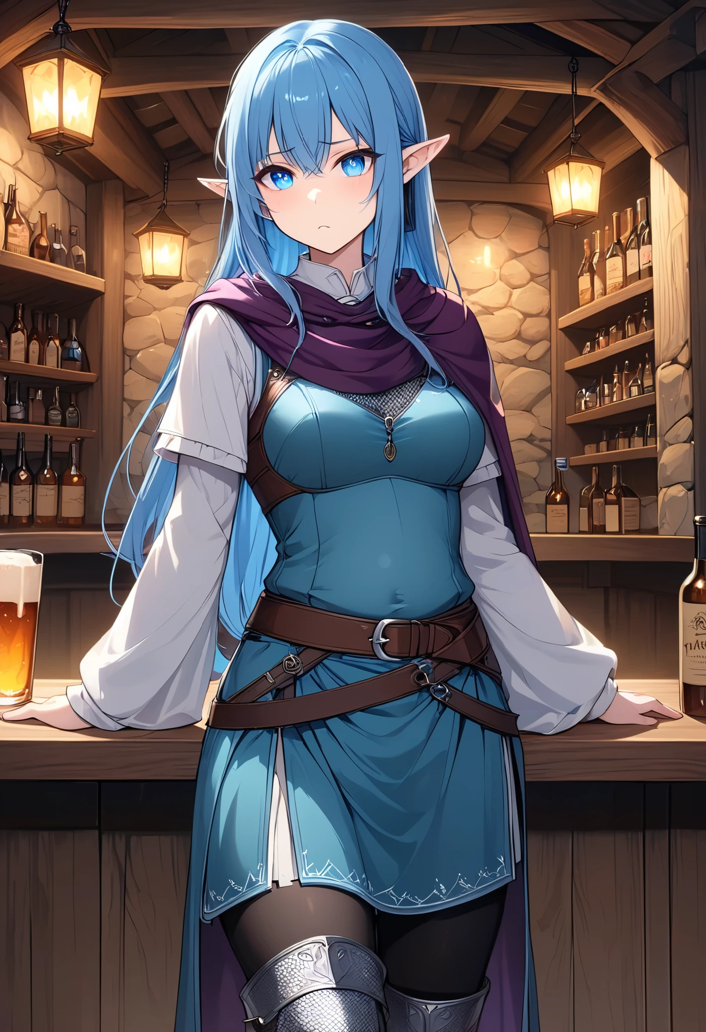 High Resolution, Masterpiece, 4K, tavern interior, night, 1girl, blue hair, long straight hair, medium breasts, blue eyes, half elf ears, chainmail vest, cyan tunic, purple cloak, black pants, wrapped boots, standing by counter, uncomfortable expression