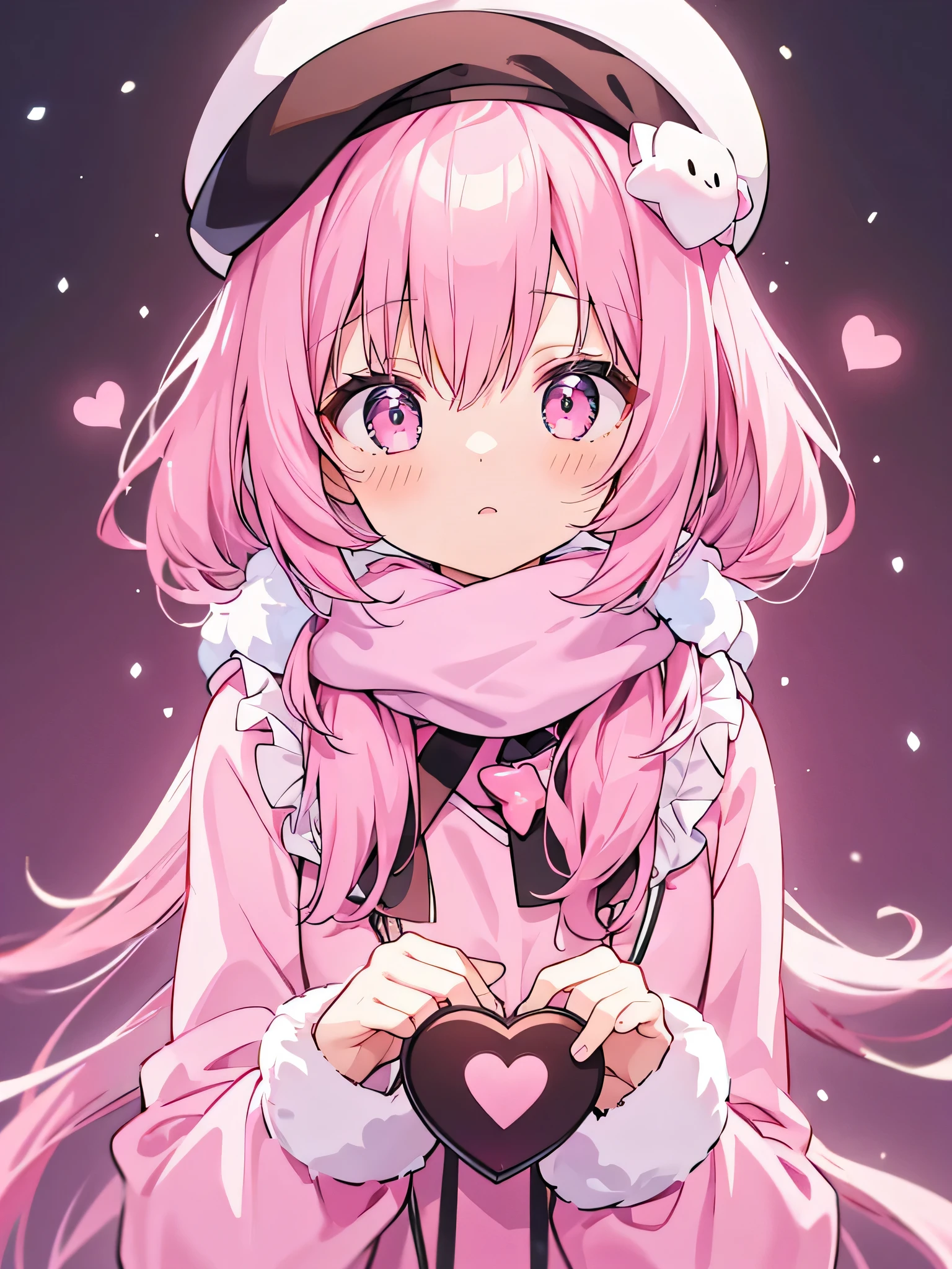 best detail、 1girl , pretty face、, heart in pink neon color、((( best composition、 top quality、's greatest masterpiece、 super detailed、 High Precision、CG、16k))))、( brown and pink transition dress in pink neon color:1.7)、Valentineday、 chocolate and pink color palette、( brown and pink plaid background ;1.7),Beret、 white fluffy scarf in pink neon colors 、I have a box in the shape of a 「LOVE」Character、 neon color palette 、 thick neon outline、 cute、 black light 、Milky white and seven color hair color 、Unique cute hairstyle 、The falling snow is fantastic 、Mysterious、