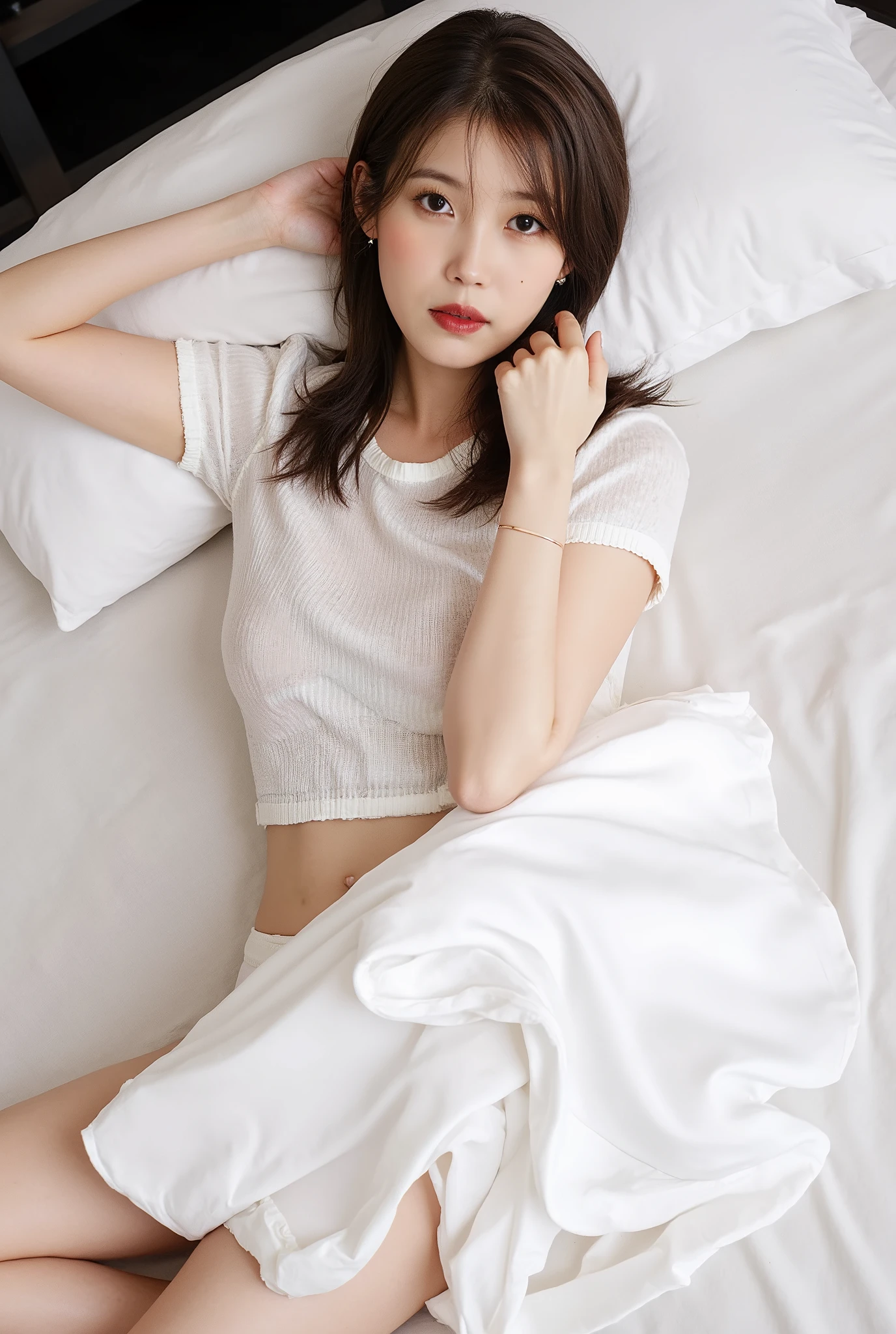 1girl,huge breast, brown hair, closed eyes,high quality, ultra detailed, masterpiece, realistic, white sweater, black miniskirt, sleeping a bed