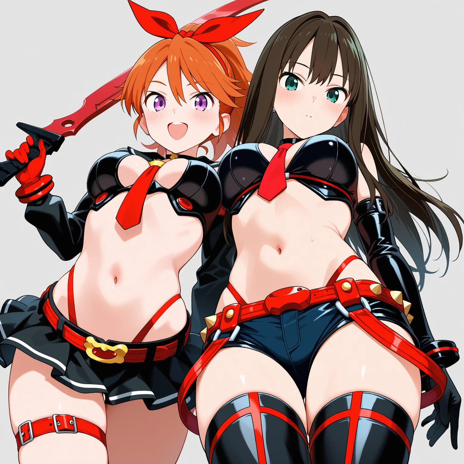 two girl,big breasts,Bikini Tops,hot pants,gloves,smile,boots,Knee-high socks,Embrace each other,full body Shot,