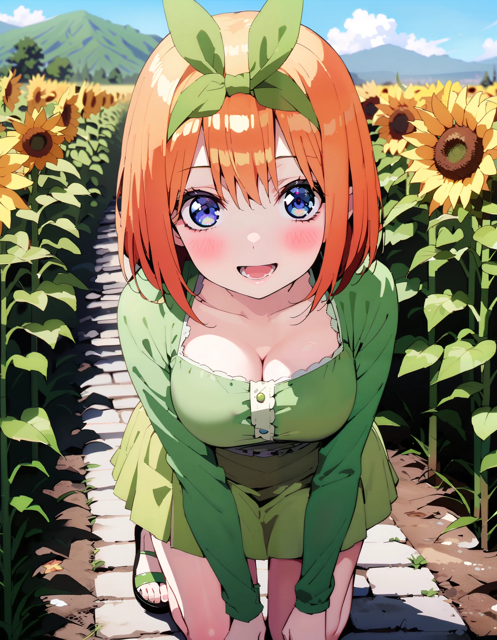 Nakano Yotsuba, short hair, bangs, blue eyes, , orange hair,Eye hair ribbon , headband, orange hair, (Green ribbon:1.5),smile,blush, open your mouth,Big Breasts, cleavage, green off-shoulder dress ,Green mini skirt, cute heeled sandals , is crouching,whole bodyがイラストに入る入るように, break outdoors,Sunflower field, Compa,Mountain,lake,
break looking at viewer,whole body,
break ( Masterpiece:1.2), top quality , kampala, Unity 8k Wallpaper,(shape:0.8),( fine, beautiful eyes :1.6),It's a person ,whole body写真,CG Details , ( perfect hands, Complete Anatomy),