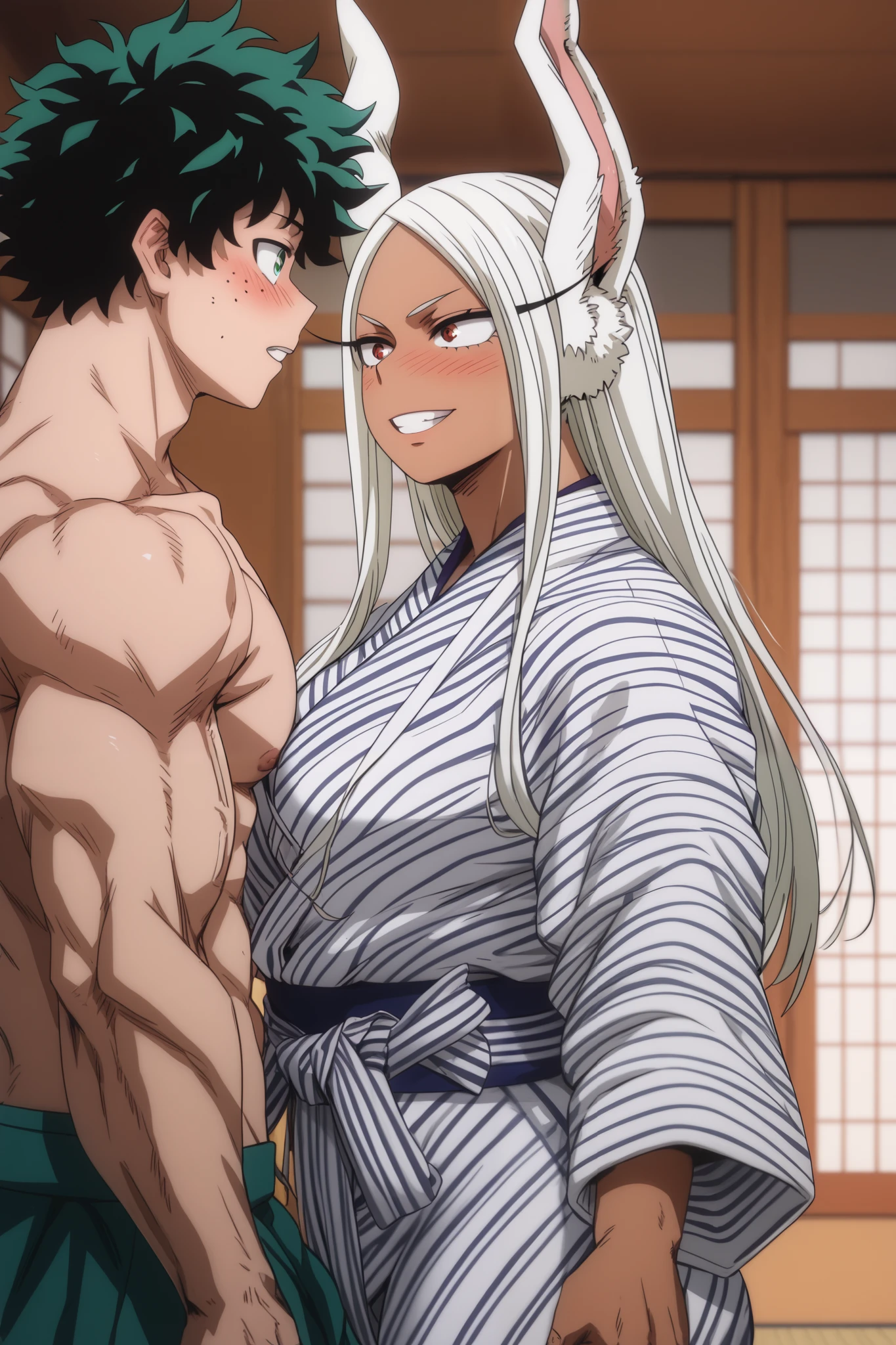izuku_midoriya, white skinned male , big dick , green hair, green eyes, short hair male , rumi usagiyama, long hair, animal ears, white hair, dark skin, rabbit ears, dark-skinned female, muscular, rabbit girl, muscular female, red eyes, parted bangs , big ass , big tits , female wearing yukata , male wearing kimono , Japanese style house , male has a boner , female wears yukata , her yukata falls almost off , female looks at dick , blushing , kuna2
