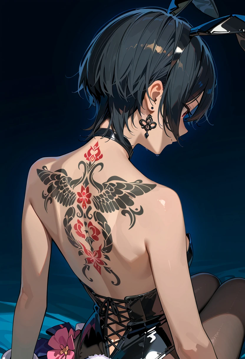 bedroom、 girl{ black hair、 short hair(Long pile 、Long nape)、 slender、 small tits、 tan跡、Dark Skin、 tan、 bunny suit、 big Japanese tattoo all over the back( colorful Japanese tattoos all over the back、Japanese tattoos on both arms)、}、