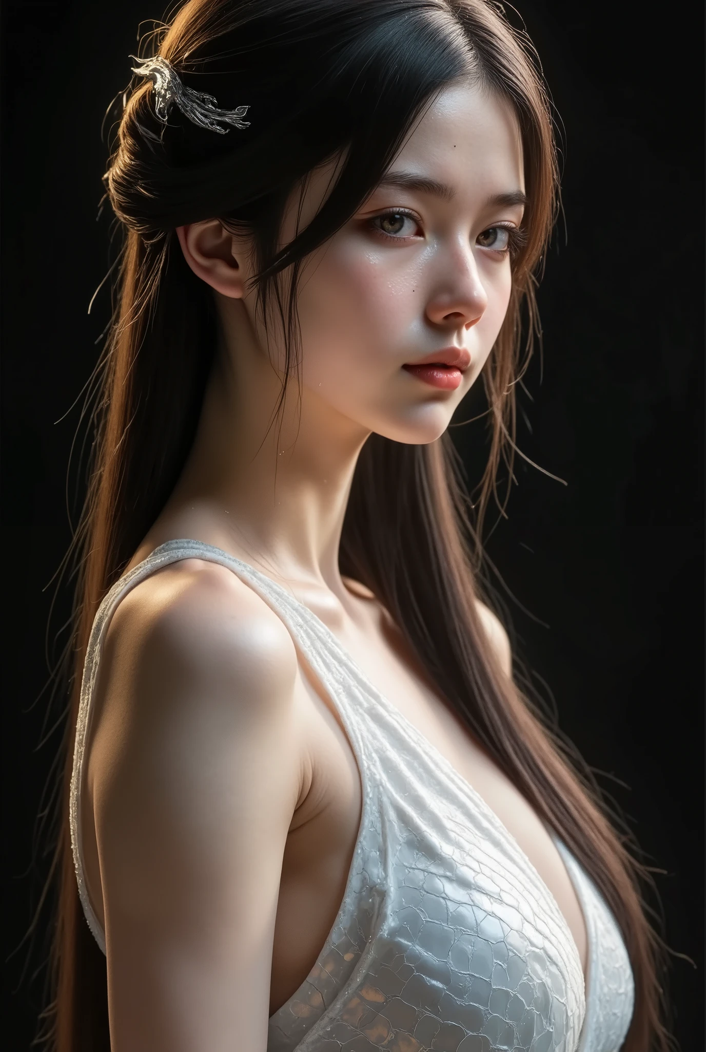 A close-up portrayal of a snake woman, an anthropomorphic figure with the upper body of a human and the lower body of a beautiful white snake. The scene is set against a deep black background that emphasizes her striking features.
Her smooth, iridescent scales shimmer with hints of white and silver, reflecting soft light that enhances their intricate textures. The transition from her human-like shoulders to the serpentine form below is seamless, showcasing the elegance of her design.
Her face is depicted in detail, featuring expressive eyes with dark pupils and a subtle greenish hue, exuding a lifelike quality. Her long hair flows gracefully, resembling the gentle waves of water, with strands interspersed with delicate, scale-like accents that glimmer softly.
Soft, focused lighting highlights the contours of her face and upper body, creating subtle shadows that add depth and dimension. The composition is tight, centering on her captivating expression and the distinct patterns of her scales, while the dark background eliminates distractions.
This artwork merges elements of chiaroscuro with warm light, reminiscent of the styles of Caravaggio and Stanley Kubrick, resulting in a visually striking and enchanting representation of the snake woman, embodying both beauty and mystique in a captivating visual narrative.