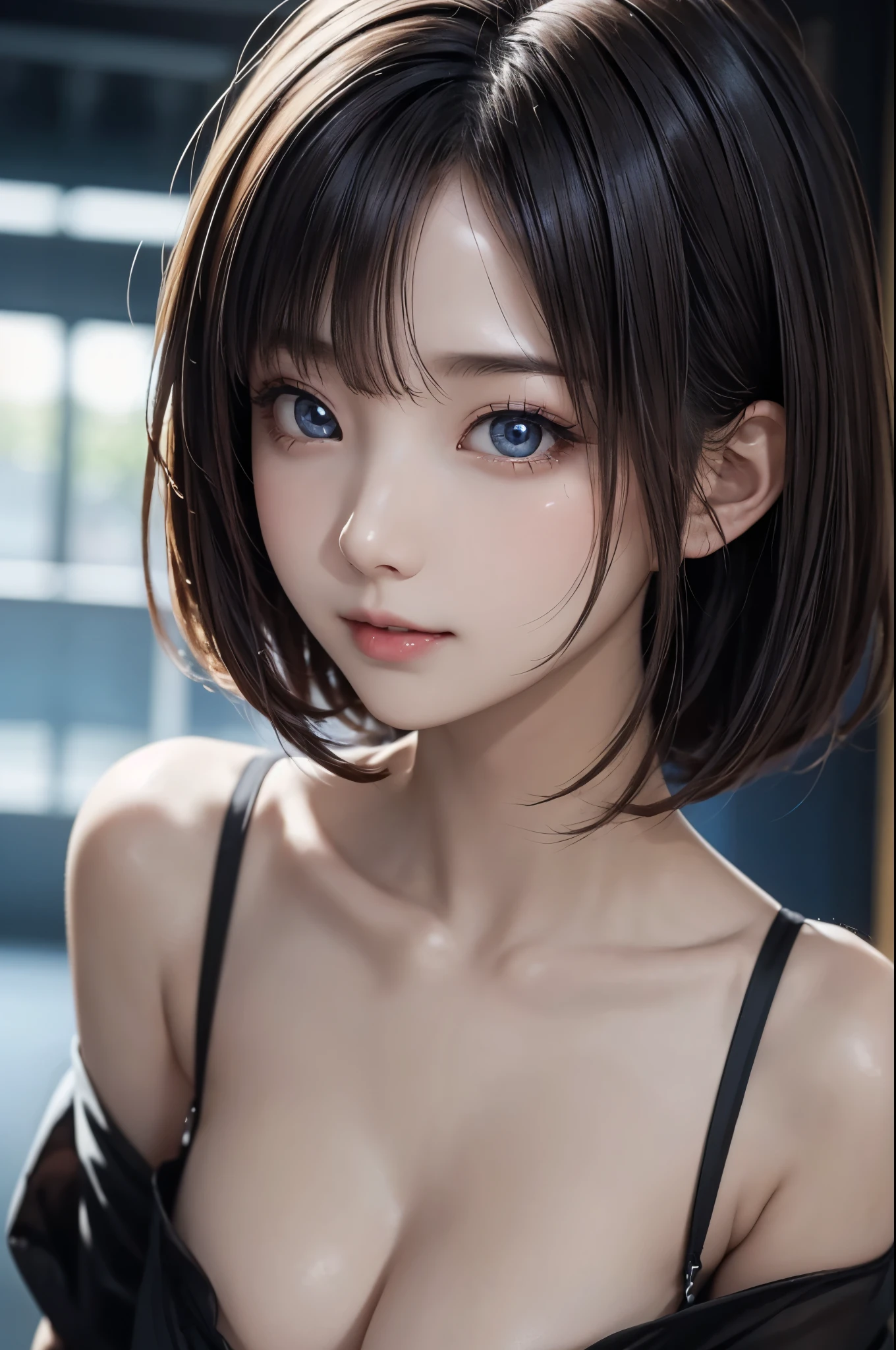 (masterpiece, Highest quality:1.2), 1girl, Pretty Japanese Idol, cinematic lighting, straight bob hair, asymmetrical bangs, Ultra-detailed eyes, ((perfect eyes)), beautiful detailed face, natural makeup, beautiful glossy lips, beautiful breasts, ((Glowing Skin)), Perfect proportions