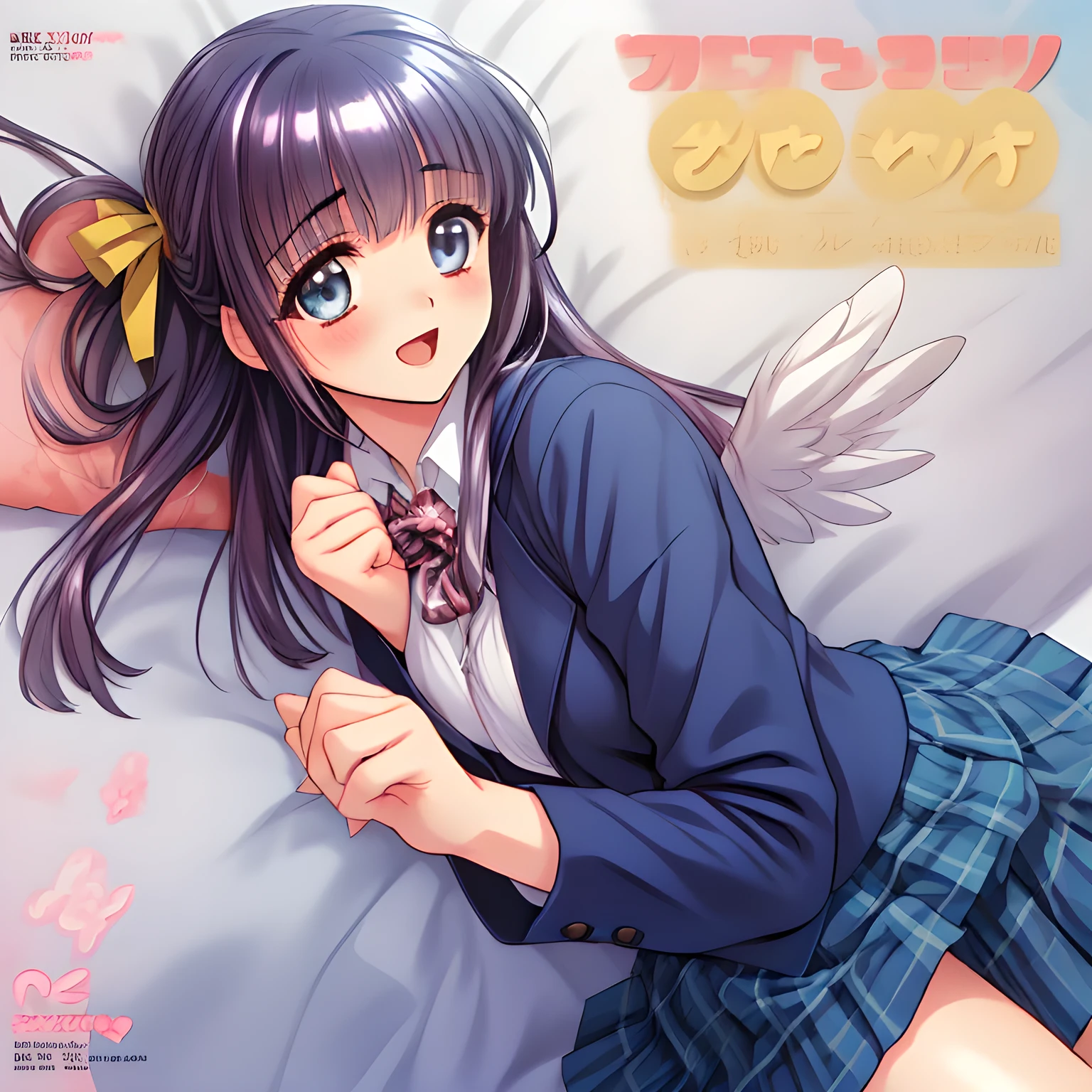 (highest quality, masterpiece:1.2), highest quality, High resolution, 1080p, 8K, Height: 158cm, (Girl's comic magazine cover CG by most popular artist, neat & clean, in peace and neat lovely charm: 1.8), (Too cute girls like a royal game heroine), in bliss, (Whispering the viewer secretly to hypnotize the viewer), A very lovely, very noble, pretty and pure beautiful girl. Lie face down on the bed, ((Bursting out Laughing very elegantly)), Using expensive whitening cosmetics: 1.2), A face that everyone loves, Glossy lips, Even bangs, (Too beautiful blue fascinating shiny eyes with love to the viewer, with detailed clearly (like girlish comics beautiful lovely heroine): 1.5), ((Black Hair)), ((long twin braids)), (Neat uniform, (((Dark blue winter long sleeve blazer with noble emblem)) over neat expensive (white blouse), (A long, neat, dark (navy blue) (tartan-checkered pleated skirt)), (too girly shiny yellow school ribbon): 1.5), (Extremely lustrous, shiny game heroine lips, laughing open mouth: 0.8), (Ribbon in hair, The ribbon is big and very pretty, Beautiful hair like a hair model), (Tight waist, slender like a fashion model), (The background is a pink & orange colored space to emphasize girl's cuteness: 1.2), (The girls know well about the viewer's super fetishism for school uniforms, and satisfies it completely with her hands and skirts and (laughter giving extreme pleasure like beautiful angel) deeply (in the viewer's clear lewd dream): 1.6), (beautiful girlish clear atmosphere with allusion for falling love in the lewd dream: 1.5), (Take a shot from the side: 1.5)