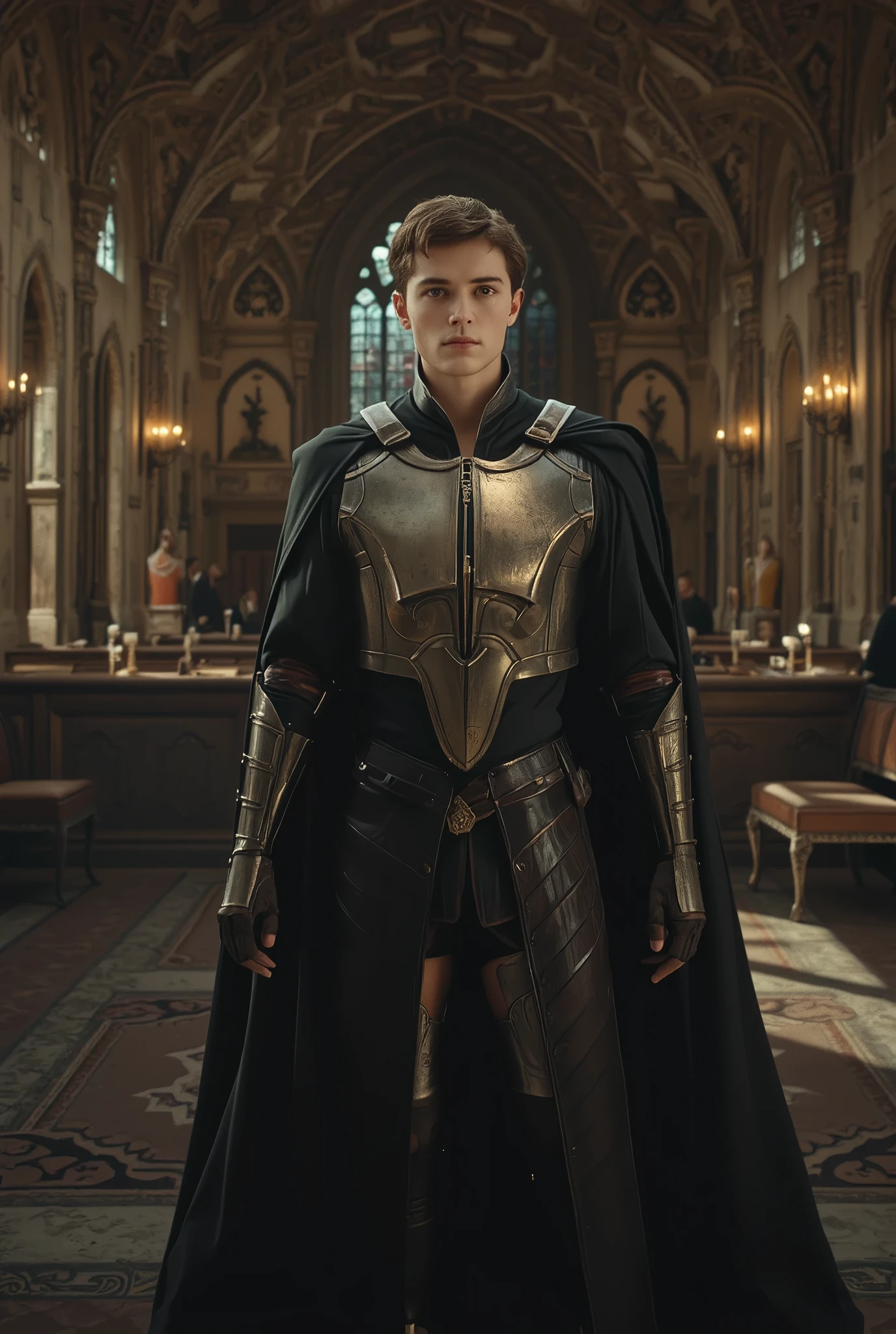 Man, 20y, in black clothes, light armor, in a castle, professional image, 16k, masterpiece, cinematic, realistic, realism, kodak film style