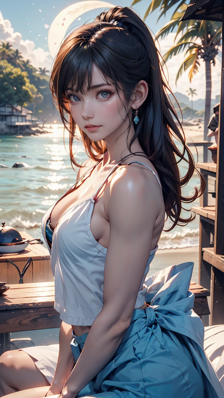 ((masterpiece,Highest quality, detailed)), Cowboy Shot, (One girl:1.2), alone, (Captivating smile:1.3), chest, Are standing, View your viewers, (Ocean:1.3),(Starry Sky:1.3) ,  、Sexy proportions、Narrow waist、Vertical roll on one side((side drill))