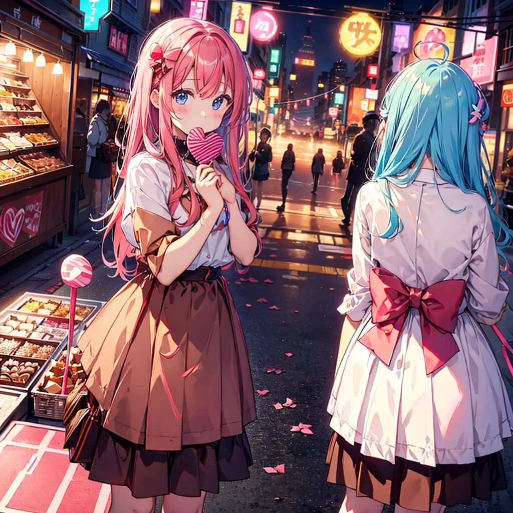 mastute piece,Best Quality,insanely detailed,8k cg,nsfw,
shoot upper body,
2girls,line up in a row,looking at viewer,body in front,standing,(white blouse shirt),break,(blue long skirt),break,(white tights),
BREAK,
blush,shy,ecstasy face,gasping,(trembling:1.2),pink long hair,break,open mouth,(neon street:1.3),(love hotel:1.3),night,