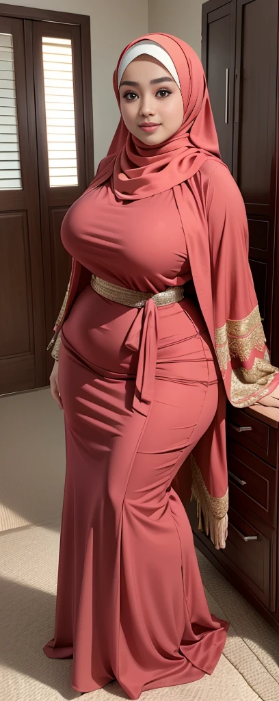 (NSFW,highres:1.2),1 girl,blowing a kiss,perfect body shape, slim waist, curvy hourglass figure, full body picture, skinny waist and thick hips,full body view,big boobs,wearing a hijab,wearing tight dress,beautiful detailed eyes,long eyelashes,natural makeup,soft smile,she has a jiggly fat round belly,vivid colors,studio lighting,physically-based rendering,digital artwork,bokeh