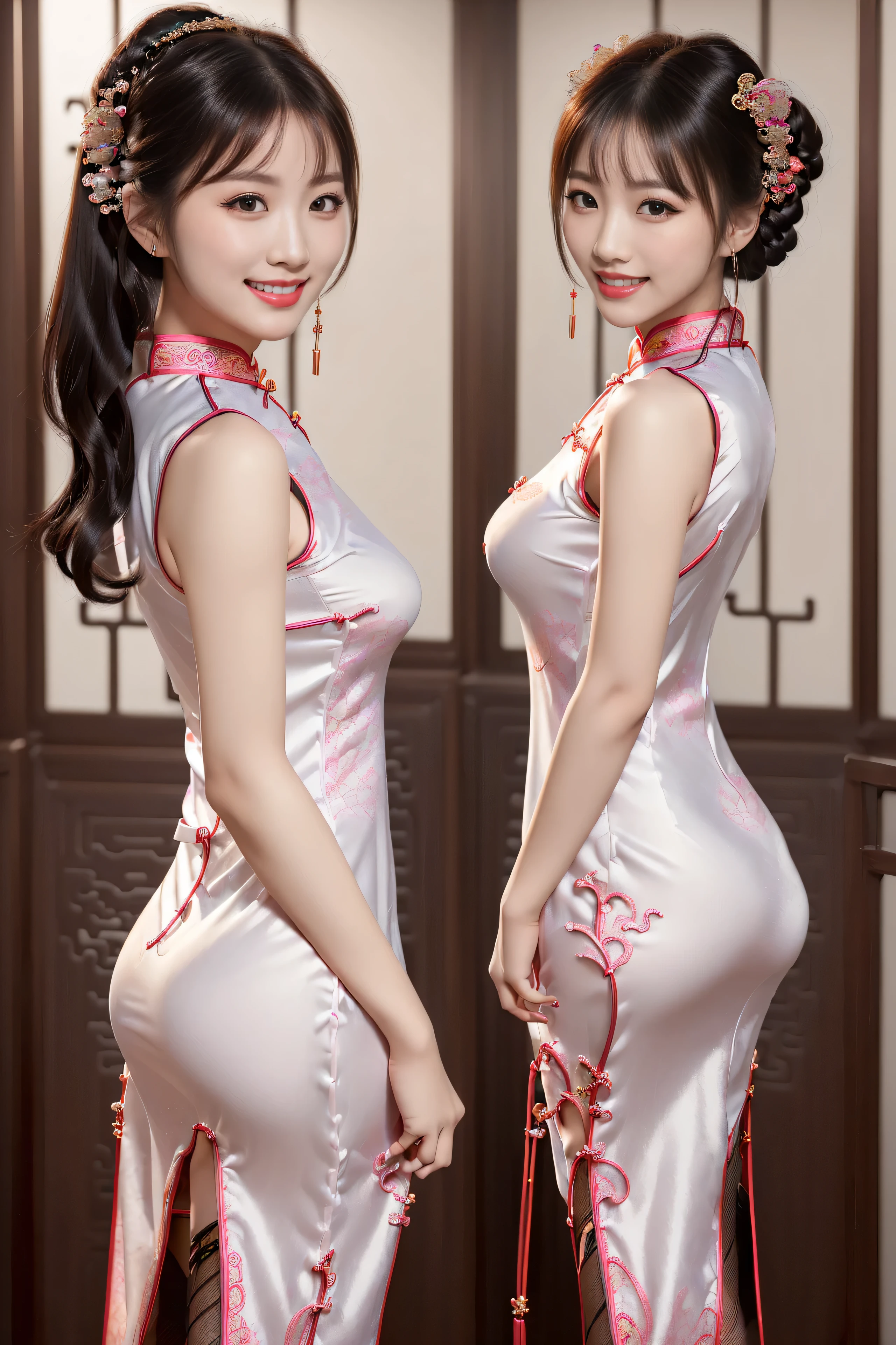 (ultra best quality、超A high resolution、8k、masterpiece:1.3)、Beautiful Women in Perfect Figure:1.4、、Black hair、((Cheongsam in fishnet stockings))、((((((No background)))))、kawaii、extremely detailed face and skin、Detailed eye、Double eyelids、Skinny Legs、erotic、The best smile、(((1a person)))、(Hands folded behind your back)、((The whole body is in the viewer))、The best smile、Extraordinary beauty、Age is s、Facing the front、perfectly proportions、((Cheongsam with dragon design))、Widened slit、length hair、good,