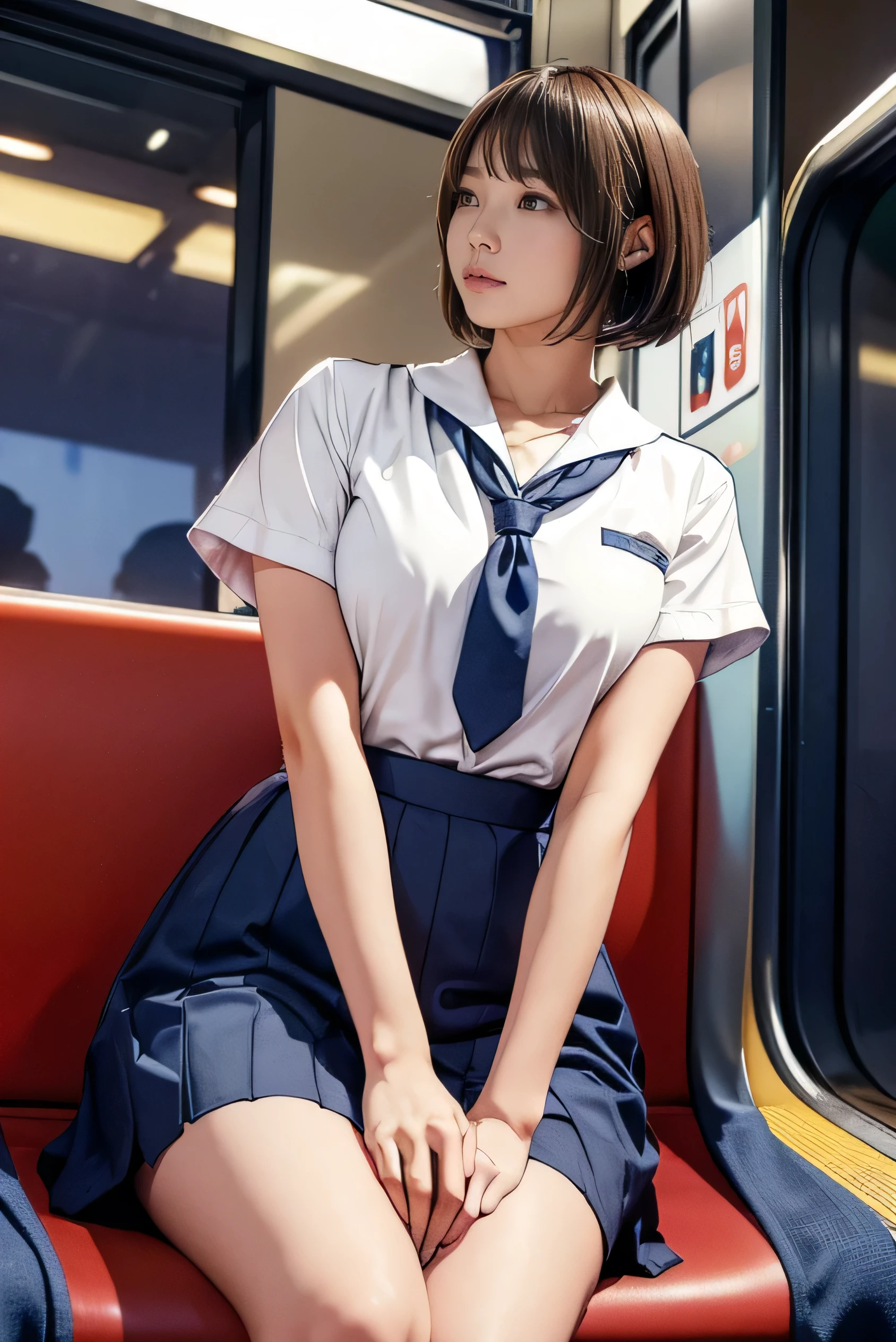 High-definition images, atmospheric perspective, 8k, Super detailed, Accurate, highest quality,
1 girl, alone, chest, looking at the viewer, (look at the audience,:1.5),
brown hair, brown eyes, parted lips, smile slightly、underwear, panties, (japanese school uniform),
(navy blue mini skirt), (sit on a train seat:1.5), (spread your legs to the side:1.4)、underwear, panties, parted lips,
lips, (navy blue skirt), full body shot, (((spread your legs, crossed arms))), showing sexy 、(whiteの panties:1.5), realistic ,
(white, collared shirt, ribbon tie),
(Do not expose your upper body:1.5),((Ceiling from below:1.2))、((from below:1.38))、
(turn your body toward the viewer:1.5) , (from below, look up:1.5), ((15 year old Japanese girl, short bob))