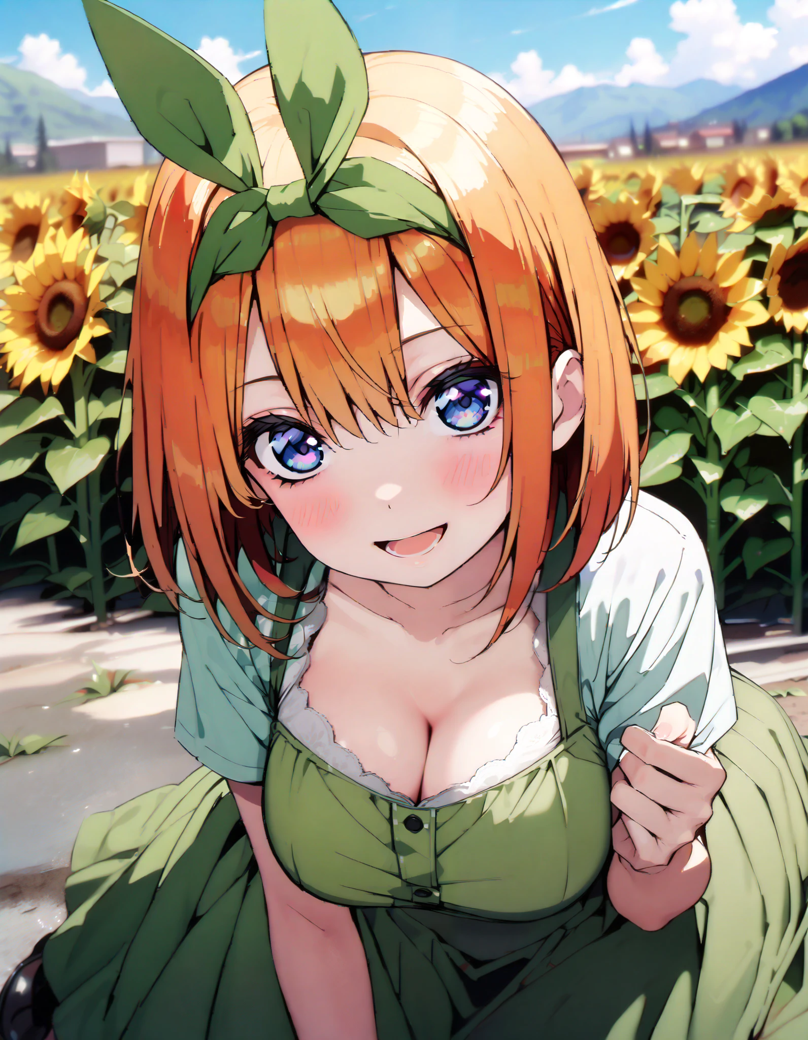 Nakano Yotsuba, short hair, bangs, blue eyes, , orange hair,Eye hair ribbon , headband, orange hair, (Green ribbon:1.5),smile,blush, open your mouth,Big Breasts, cleavage, green off-shoulder dress ,Green mini skirt, cute heeled sandals ,I'm wearing a cheek stick, is crouching,whole bodyがイラストに入る入るように, break outdoors,Sunflower field, Compa,Mountain,lake,
break looking at viewer,whole body,
break ( Masterpiece:1.2), top quality , kampala, Unity 8k Wallpaper,(shape:0.8),( fine, beautiful eyes :1.6),It's a person ,whole body写真,CG Details , ( perfect hands, Complete Anatomy),