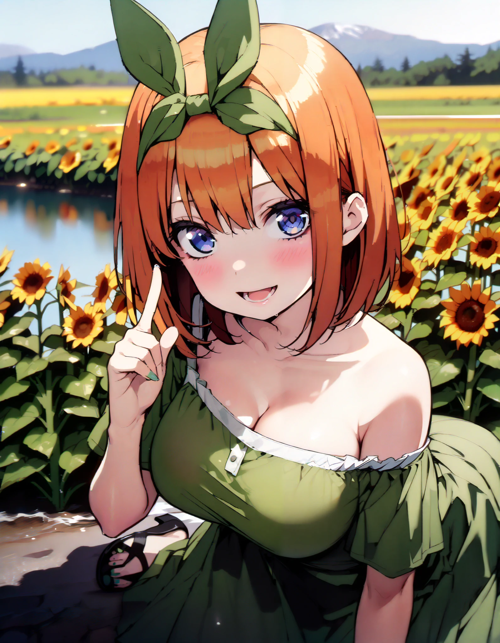 Nakano Yotsuba, short hair, bangs, blue eyes, , orange hair,Eye hair ribbon , headband, orange hair, (Green ribbon:1.5),smile,blush, open your mouth,Big Breasts, cleavage, green off-shoulder dress ,Green mini skirt, cute heeled sandals ,I'm wearing a cheek stick, is crouching,whole bodyがイラストに入る入るように, break outdoors,Sunflower field, Compa,Mountain,lake,
break looking at viewer,whole body,
break ( Masterpiece:1.2), top quality , kampala, Unity 8k Wallpaper,(shape:0.8),( fine, beautiful eyes :1.6),It's a person ,whole body写真,CG Details , ( perfect hands, Complete Anatomy),