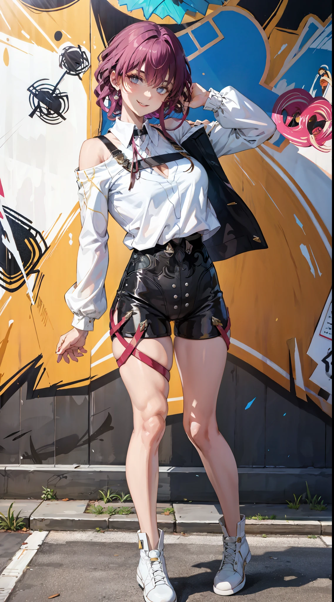 Fleshy thighs,Poster publicity style,Ingram,Pose,Ultra shorts,Simetall,Street graffiti,Happy expression
