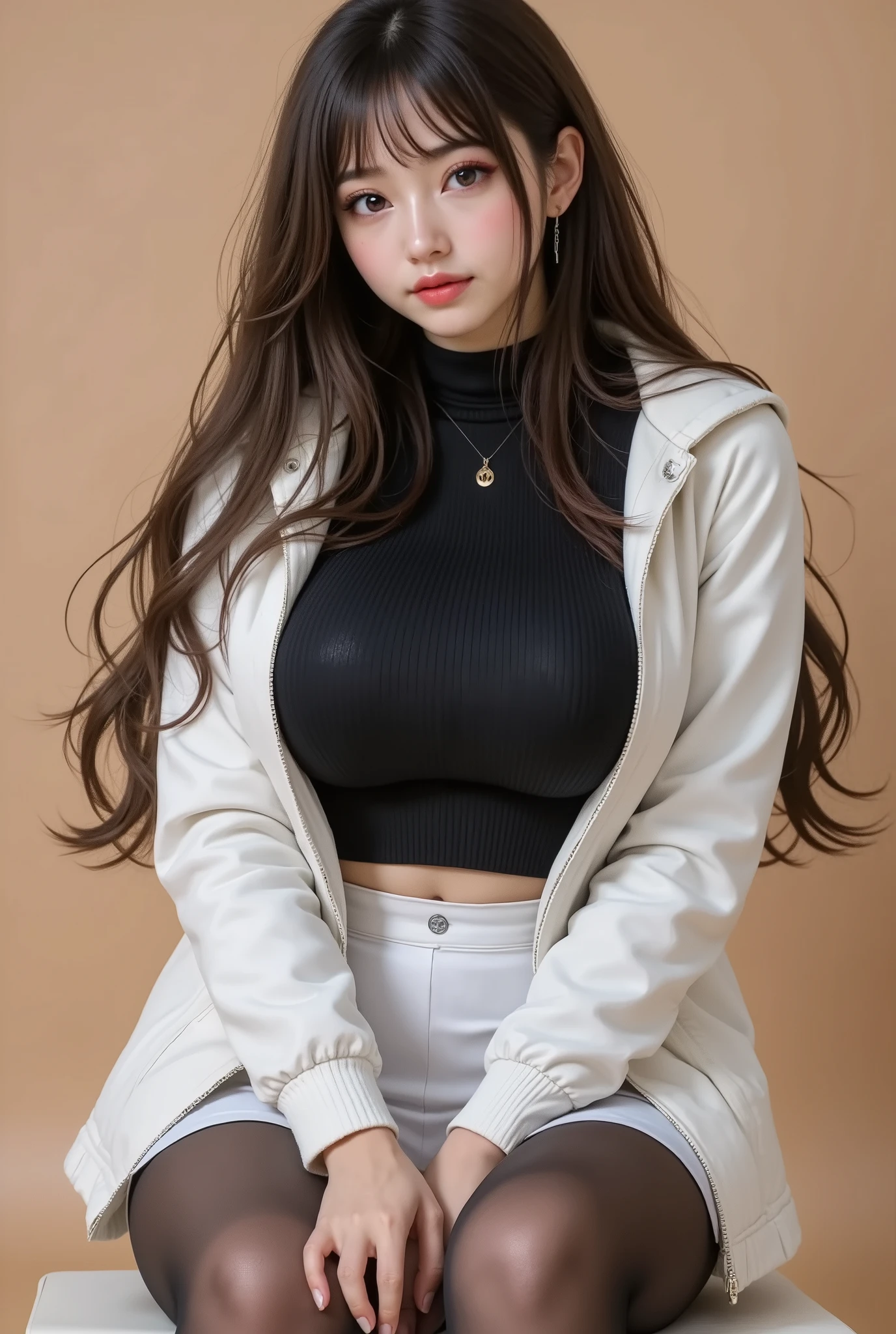 full body shot :1.3、(16k、 RAW photos , top quality, masterpiece)、(Actual photo)、(realistic pictures)、 Learn more, beautiful eyes, very detailed and beautiful , amazing details 、 BEAUTY WITH PERFECT BODY 、 real face, detail your face down to the smallest detail、 brown hair、Long hair curls、 Fluffy Curly Hair 、Curly hair with a three-dimensional effect、 large almond-shaped eyes 、 eyeliner with a large blackboard in the background is soft brown、Thick eyeliner 、Light false eyelashes 、Beautiful older sister、 cute beauty with perfect body 、 glowing skin、 glossy lips、 high resolution face and skin texture 、 detailed eyes 、double eyelids、Eyes are black、blue eyes、 Has bangs、A wide shot of a character、 full body shot 、 white thick down jacket、black long sleeve knit 、 white that are close to each other、 tight mini skirt、black sheer tights 、Snowing town、Snowy cityscape、Snow World、 raise one leg、Hold your thighs with both hands