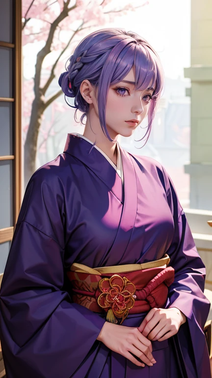 Garota elfa cabelo branco, kimono roxo, olhos roxos