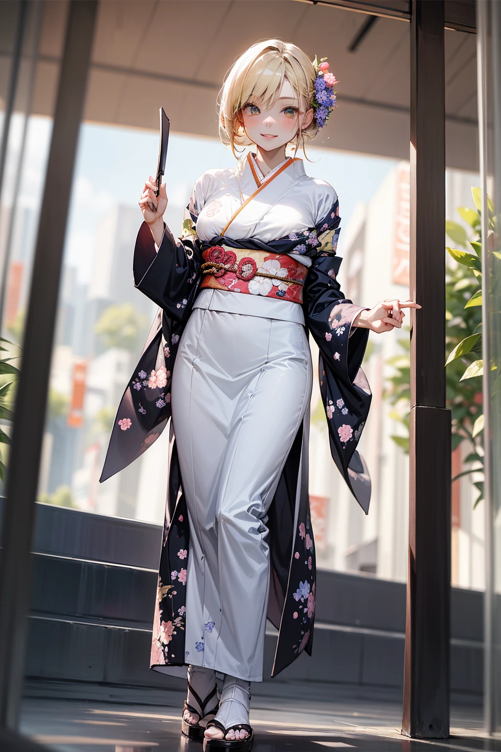 Masterpiece, highlydetailed, Hyperrealistic, HD fullbodyshot of beautiful geisha female with blond bob haircut, hairpins, wearing a falloff shoulders kimono holding Japanese umbrella, wearing high-heels geisha footwear, perfect face features with seductive look and charming smile, perfect body shape curvy, thick and muscular body, oni horn