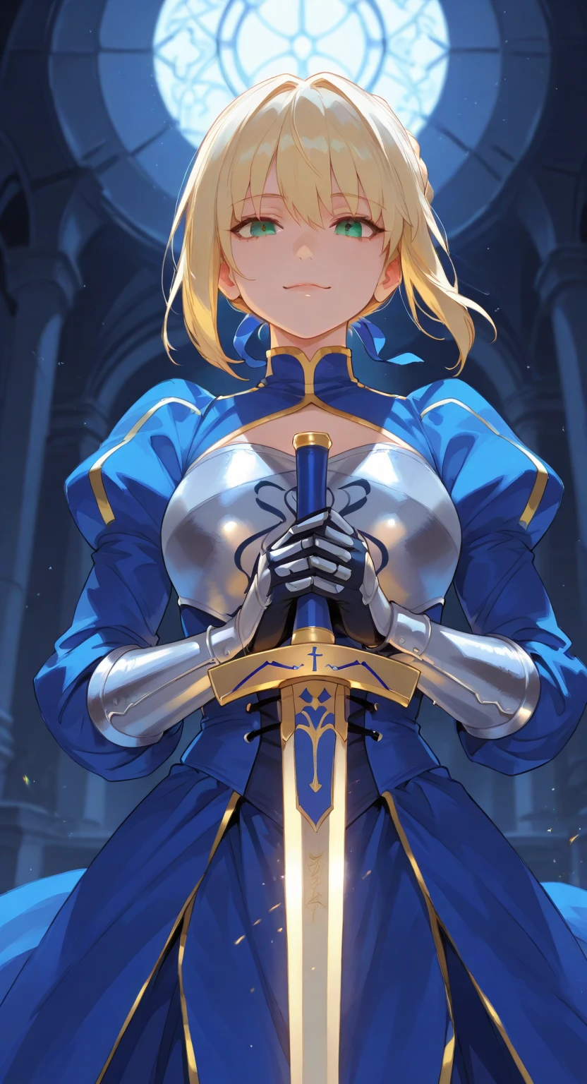 (focused upper body, 1girl, realistic, blush, cleavage, hands down, wearing white armor, sparkling blue eyes, ponytail long blonde hair, castle background), 8k resolution, masterpiece,
