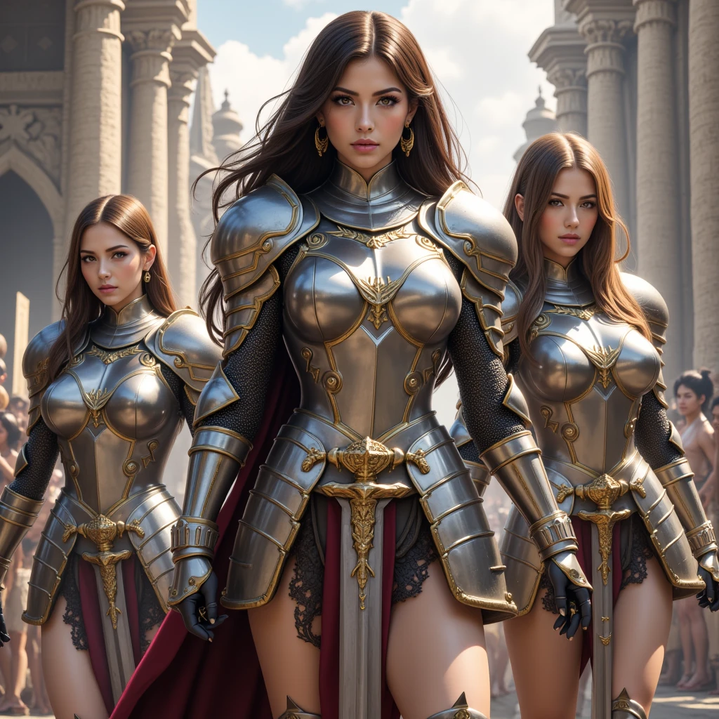 three sisters of different ages, british womens, detailed face, perfect face, detailed face, sexy, lesbians, catholic, warriors roman, using sexy armor with cape full body