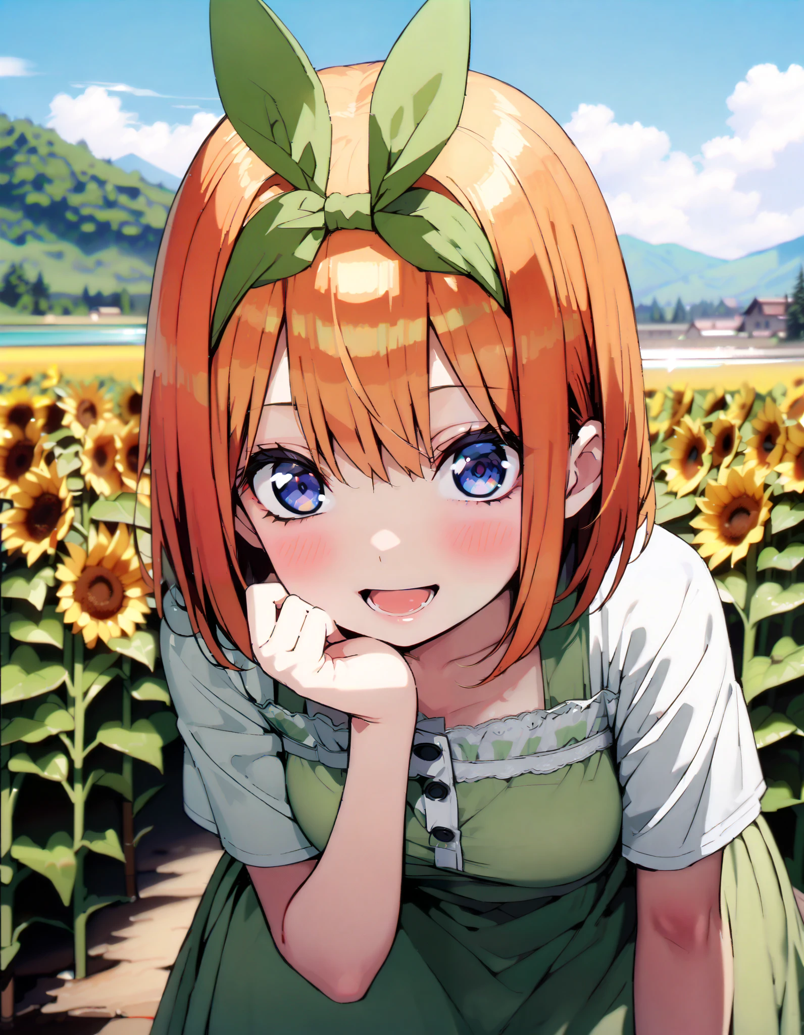 Nakano Yotsuba, short hair, bangs, blue eyes, , orange hair,Eye hair ribbon , headband, orange hair, (Green ribbon:1.5),smile,blush, open your mouth,Big Breasts, green off-shoulder dress ,Green mini skirt, cute heeled sandals ,I'm wearing a cheek stick, is crouching,whole bodyがイラストに入る入るように, break outdoors,Sunflower field, Compa,Mountain,lake,
break looking at viewer,whole body,
break ( Masterpiece:1.2), top quality , kampala, Unity 8k Wallpaper,(shape:0.8),( fine, beautiful eyes :1.6),It's a person ,whole body写真,CG Details , ( perfect hands, Complete Anatomy),