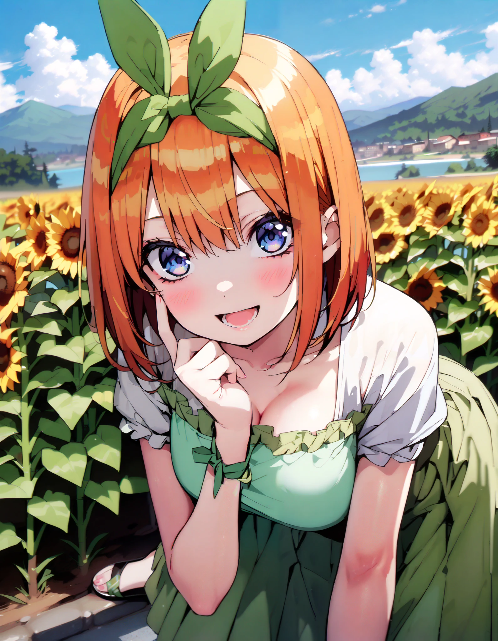 Nakano Yotsuba, short hair, bangs, blue eyes, , orange hair,Eye hair ribbon , headband, orange hair, (Green ribbon:1.5),smile,blush, open your mouth,Big Breasts, green off-shoulder dress ,Green mini skirt, cute heeled sandals ,I'm wearing a cheek stick, is crouching,whole bodyがイラストに入る入るように, break outdoors,Sunflower field, Compa,Mountain,lake,
break looking at viewer,whole body,
break ( Masterpiece:1.2), top quality , kampala, Unity 8k Wallpaper,(shape:0.8),( fine, beautiful eyes :1.6),It's a person ,whole body写真,CG Details , ( perfect hands, Complete Anatomy),