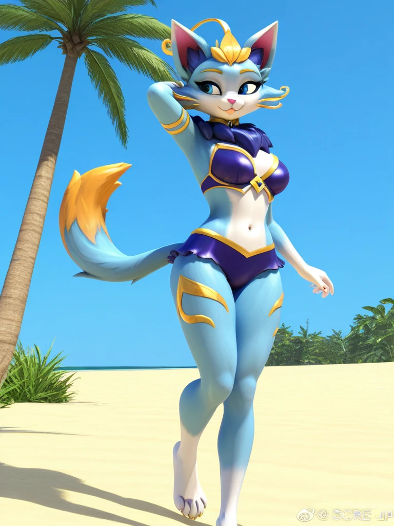 raposa Krystal (Star Fox Adventures), usando um biquini azul e branco, na praia, corpo bem definido, correct female genitalia (detalhadas), cum, seios moderados, olhar encantador, de costas, melhor qualidade, 3D, highes definition, no repetition of parts, Appropriate lighting, estilo anime