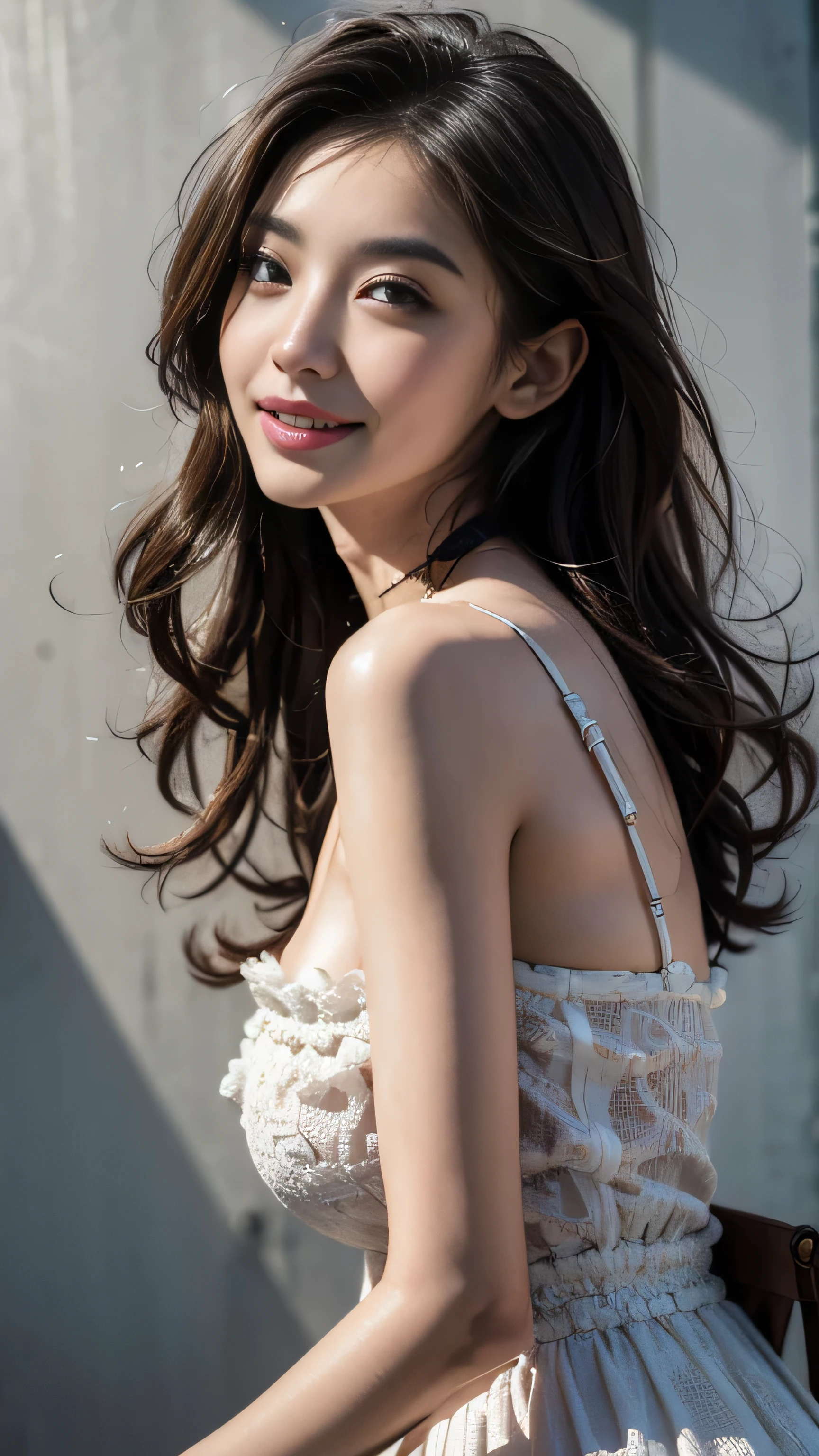 ((Highest quality, 8K, masterpiece: 1.3)), sharp: 1.2, Perfect Body Beauty: 1.4, ((Layered Hairstyles, Big Breasts: 1.5)), street: 1.2, Highly detailed face and skin texture, fine grain, double eyelid, Long black hair, Not tying hair, Lying down, Turning his back, Butt, Light pink lace nightgown, Wet and shiny lips, Showing armpits, Lace pattern, Look Up, smile, Looking back here, The gaze is directed this way, plump, My body is wet with sweat
