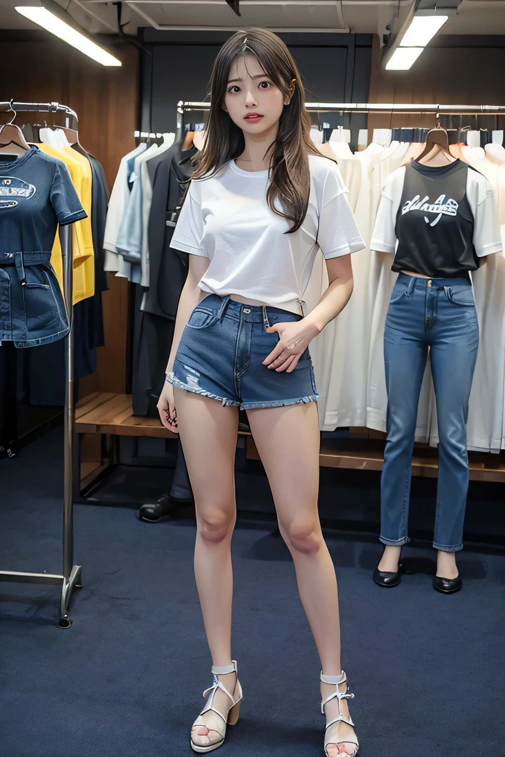 (Highest quality:1.5), (Real:1.4), (Ultra high definition:1.4), (1 Japanese skinny woman in her twenties), (skinny body), skinny face, (Plain T-shirt), (Plain shorts), barefoot, (skinny woman is standing in living room at home), (20's skinny woman is standing with t-shirt and shorts in living room), (front view of a skinny woman), Living room at home, Cowboy Shot, (smile), (Turn your body forward), (upright), (skinny), (skinny), (Very thin)