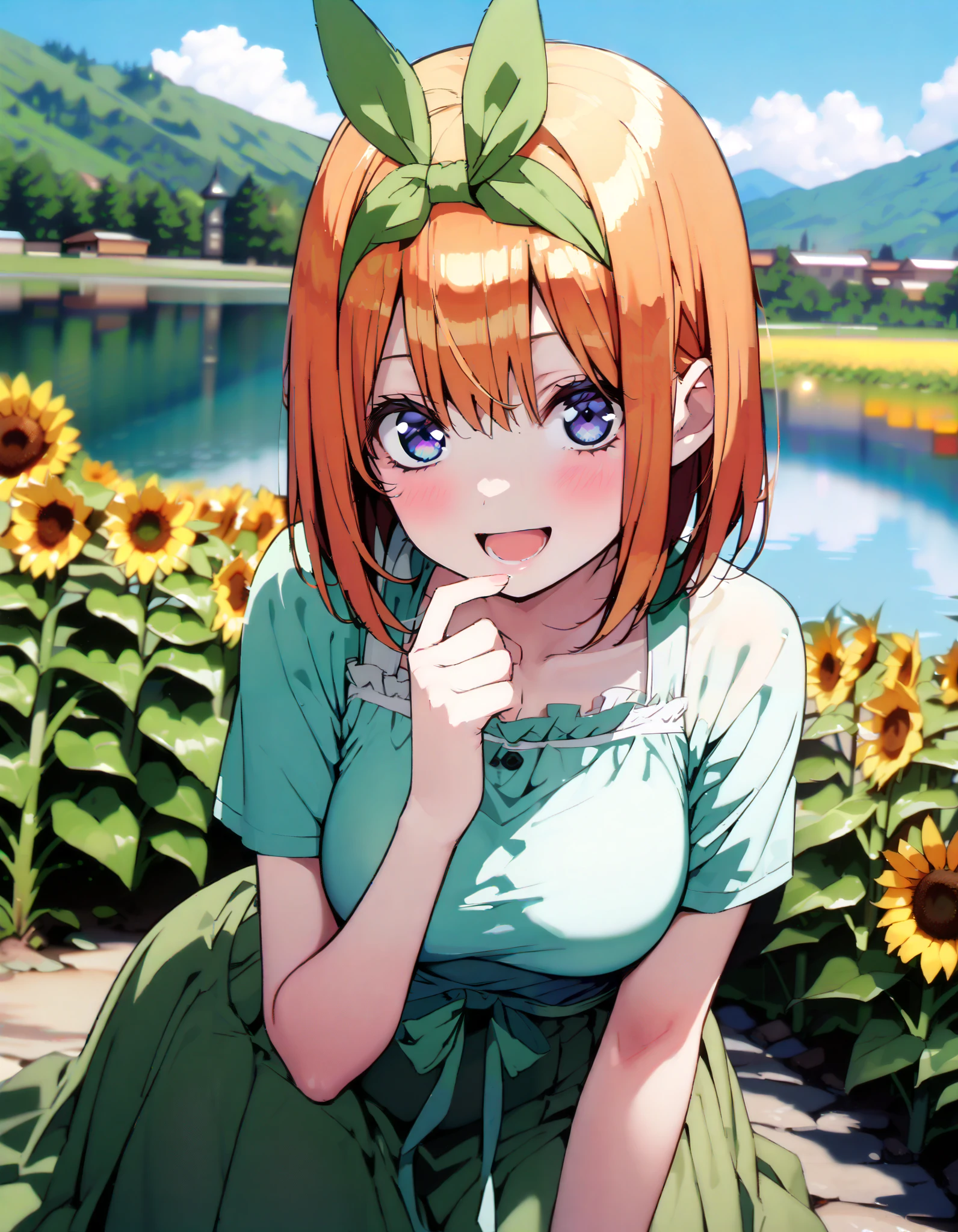 Nakano Yotsuba, short hair, bangs, blue eyes, , orange hair,Eye hair ribbon , headband, orange hair, (Green ribbon:1.5),smile,blush, open your mouth,Big Breasts, green off-shoulder dress ,Green mini skirt, cute heeled sandals ,I'm wearing a cheek stick, is crouching,whole bodyがイラストに入る入るように, break outdoors,Sunflower field, Compa,Mountain,lake,
break looking at viewer,whole body,
break ( Masterpiece:1.2), top quality , kampala, Unity 8k Wallpaper,(shape:0.8),( fine, beautiful eyes :1.6),It's a person ,whole body写真,CG Details , ( perfect hands, Complete Anatomy),