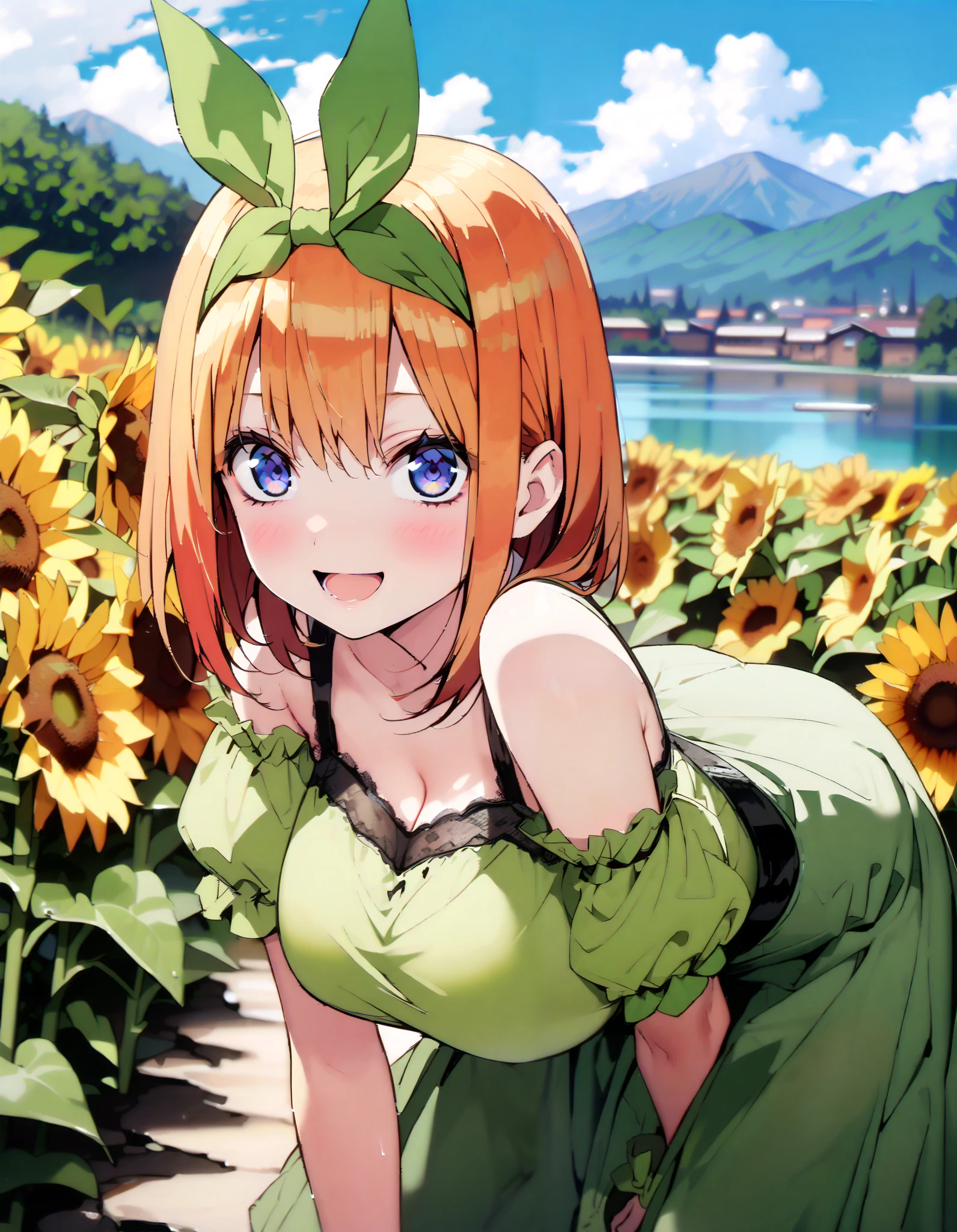 Nakano Yotsuba, short hair, bangs, blue eyes, , orange hair,Eye hair ribbon , headband, orange hair, (Green ribbon:1.5),smile,blush, open your mouth,Big Breasts, green off-shoulder dress ,Green mini skirt, cute heeled sandals ,I'm wearing a cheek stick, is crouching,whole bodyがイラストに入る入るように, break outdoors,Sunflower field, Compa,Mountain,lake,
break looking at viewer,whole body,
break ( Masterpiece:1.2), top quality , kampala, Unity 8k Wallpaper,(shape:0.8),( fine, beautiful eyes :1.6),It's a person ,whole body写真,CG Details , ( perfect hands, Complete Anatomy),