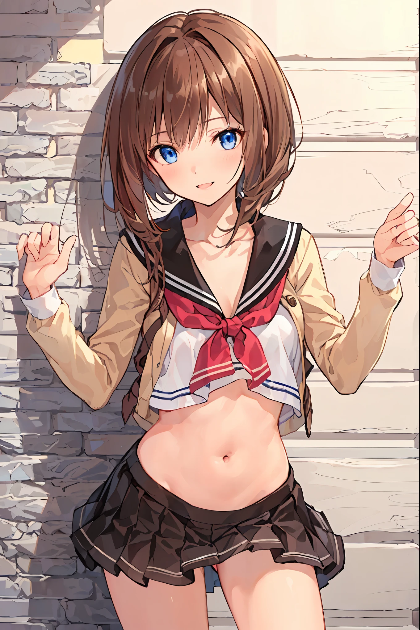 masterpiece, top quality, 非常に DetailsなCG Unity 8K壁紙 , Ultra-realistic 8K CG, perfect artwork , Perfect Female Body Type, Dramatic shadows , ( spotlight, viewer , Details light , ((( 1 girl))), (( SHARP FACE )), (( brown hair, wave hair)), ((( Sexy Poses ))), model body type , I can see my belly button, Watch viewers with small breasts , (( cute face)), ( smiles gently: 1.2), ( asymmetrical bangs that grab the chest , beautiful eyelashes ), Beautiful appearance, (Beautiful bust line:1.2), (Chest), beautiful girl, beautiful facial features that describe a perfect face, cold, Natural Beauty , slender body, Light and beautiful thigh expression , high school girl, high school uniforms , Show me sailor suits, pleated skirt , loose socks, in front of a wall full of graffiti , night , ((( leaning against the wall, standing))), Award-Winning Photos Cuddling From Behind, Details, realistic light and shadow , 8k resolution, professional lighting , ( shiny skin around:0.9), Perfect Hands, Hair, Shortcut with Bangs, unkempt hair,Short braided hair,Neat, slender beautiful woman,Correct posture,Small chest, beautiful legs, has enchanting gray-blue eyes that shine like stars, droopy eyes , vibrant colors, beautiful eyes,A delicate smile,Textured Skin, Best Quality at its Best , gentle and beautiful woman , anime style、