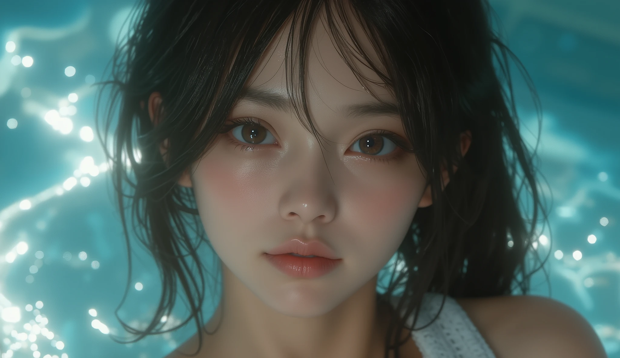 8k, super high resolution , top quality, masterpiece,rule of thirds,golden ratio, surreal, photos, one woman,( girl:1.3), cute, cute顔, Beautiful Eyes in Every Detail , 細かく Details, Mature Women, princess,extream close up,smile, black hair,Long layers,ID photo,future, Brutal Cyberpunk Woman , luxurious and beautiful ,((summer knitted sweater )), (( micro mini skirt)), ((Knee-high socks)),Short sleeve, very delicate expression , delicate eye description,, Healthy Body , (( 1 female)), Height: 160cm, (( thin thighs)) ,( thin waist:1.4)、( Beautiful :1.4), pink lips, profile,((( ideal figure))),Small bust, A cup :2,、 portraits:2、 perfect anatomy 、鮮明な Details、 Details, thin lips,Perfect and beautiful face ,完璧で cute顔, Meticulous Skin , Perfect Limbs 、 thin waist, surreal,Light and Dark, fashion magazine cover,glowing