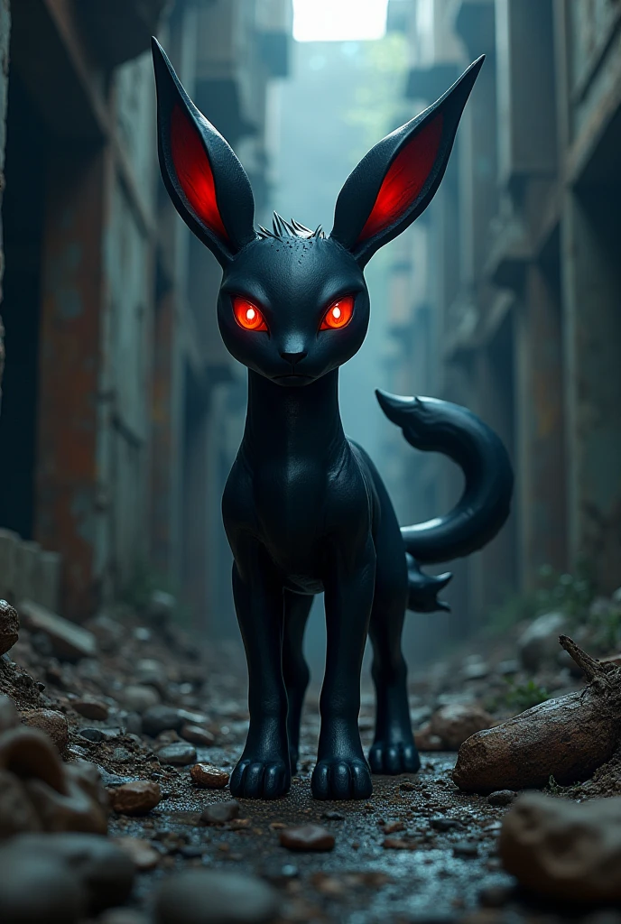 feral umbreon, standing, menacing, growling, angry, detailed fur, realistic fur, intense, glowing eyes, looking at viewer, collar, glowing, dark alley, trash, broken window, backlight, night, detail, (photorealistic:1.3) <lora:Hyper-SD15-12steps-CFG-lora:1.0>