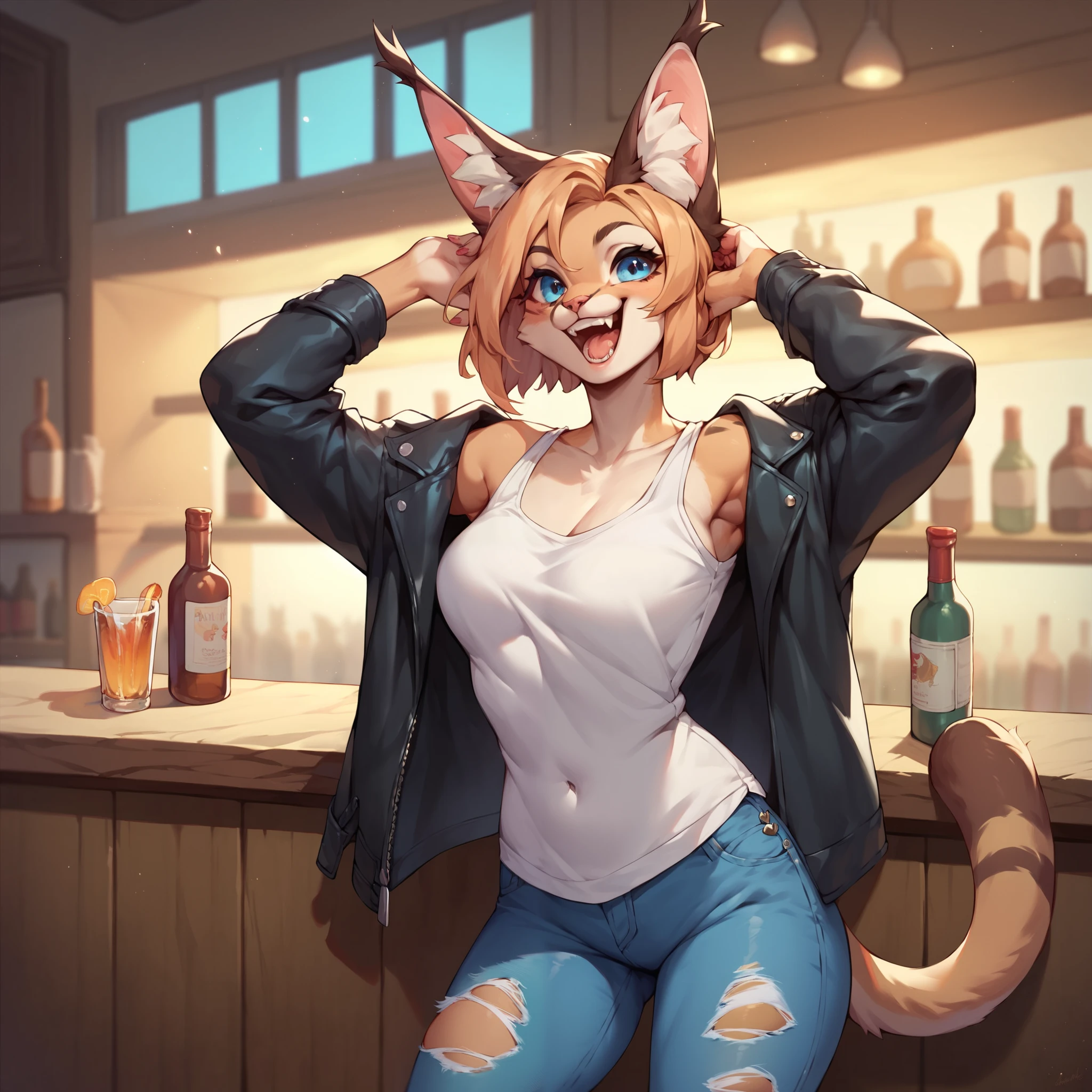 Fox girl, sexy, sensual, uploaded to E621, beautiful and detailed portrait of an anthropomorphic vixen ((female))), ((by kenket, Ross Tran, ruan jia, zaush, foxovh, by Zackary911, by hyattlen, by teranen, by fumiko, by Pixelsketcher, by Bayard Wu, by Thomas Benjamin Kennington, by Einshelm, by Kilinah, by Coffeesoda, by Hioshiru, by fluff-kevlar, by r-mk, by Dimwitdog)), (Averi, Fox girl), green eyes, solo, blush, embarrassed smile, full body, nightclub, neon lights, dj, disc jockey, flat chest, chest fluff, music notes, musical notes, music, playing music, striped thigh highs, colorful thigh highs, high socks