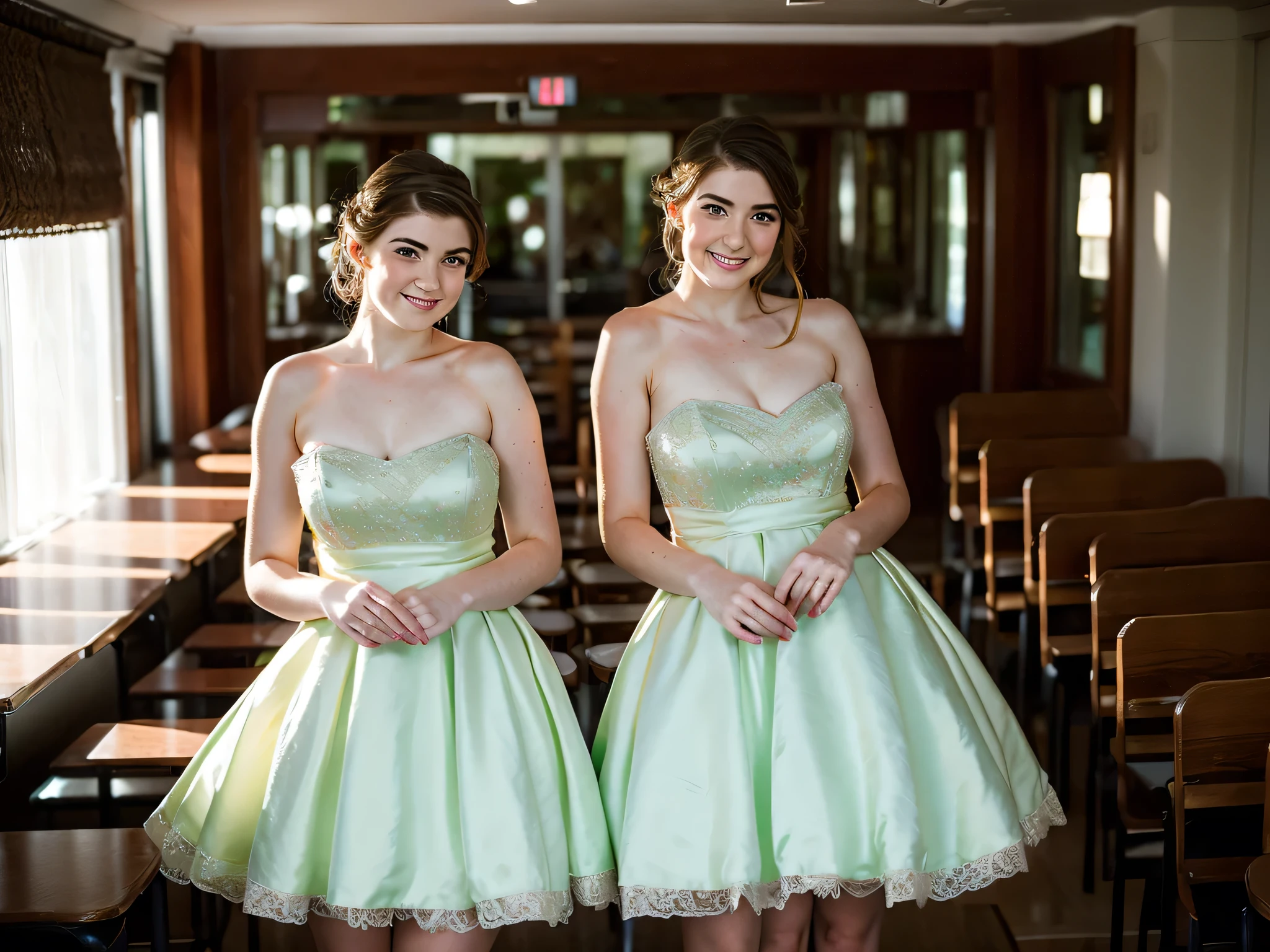 2heads, highly detailed, best resolution, two-headed girl, age 15, Irish-American, pale skin, pretty, gentle makeup, pretty dress, at a school formal,