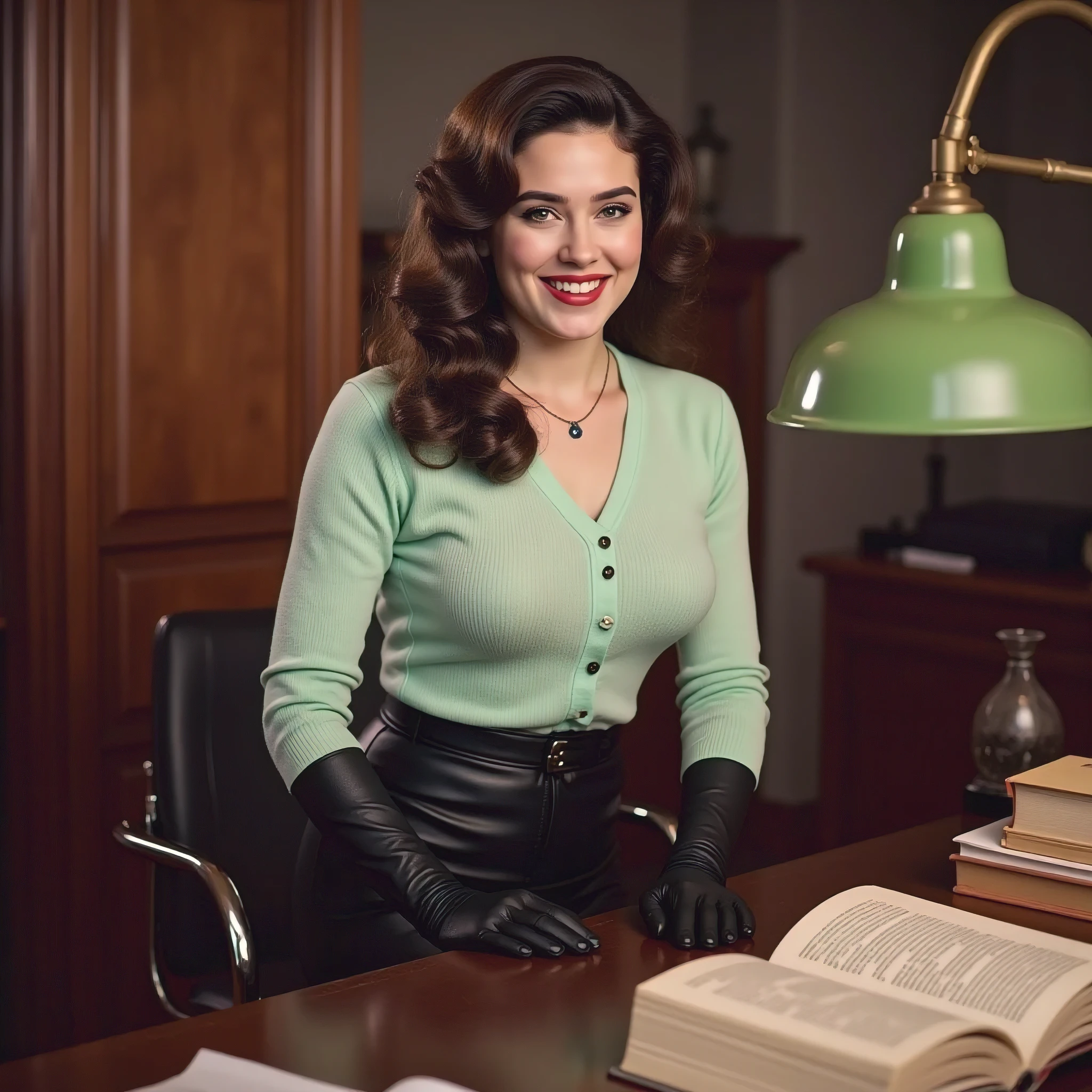 professional pin-up photo. (Jennifer Connelly). Night time. long brown hair with vintage 1940s style victory curls and bangs. Sitting behind a vintage desk in an Eames office chair. piv from across desk. open books on desk. in a large den with Frank lloyd Wright style decor. (Wearing mint green colored soft cardigan sweater). front buttoned cardigan sweater. (cleavage:1.5). short sleeves. black elbow length leather gloves over sleeves. Black knee length leather skirt. hip hugging skirt. wearing black leather knee high heel boots. dark silk pantyhose. sapphire pendant necklace. vintage eyeshadow. 1960s style winged eyeliner. matte red lipstick. rectangle black rimmed reading glasses. light from green banker lamp on desk. view from front. unbuttoning her sweater. Smiling. (winking). Accurate proportions.