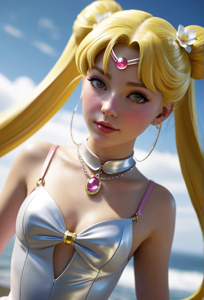 professional medium body photo of eternal sailor moon, detailed skin, detailed eyes, finely detailed hair, field, volumetric light, highrez, masterpiece, best quality, (downblouse:1.5), bare breasts, (banana tits:1.1)