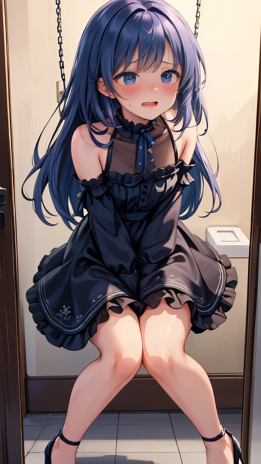 girl, In a dark castle, blue mucus, necklace, stockings, tricky glance, embarrassed,