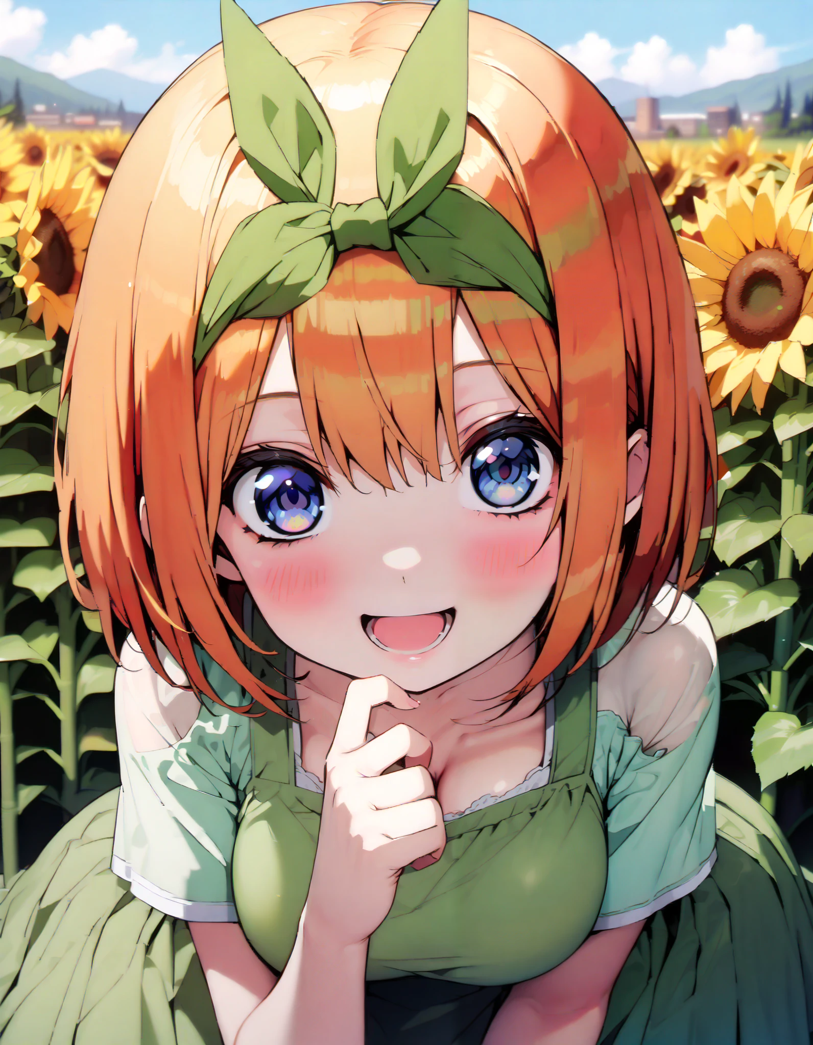 Nakano Yotsuba, short hair, bangs, blue eyes, , orange hair,Eye hair ribbon , headband, orange hair, (Green ribbon:1.5),smile,blush, open your mouth,Big Breasts, cleavage, green off-shoulder dress ,Green mini skirt, cute heeled sandals ,I'm wearing a cheek stick, is crouching,whole bodyがイラストに入る入るように, break outdoors,Sunflower field, Compa,Mountain,lake,
break looking at viewer,whole body,
break ( Masterpiece:1.2), top quality , kampala, Unity 8k Wallpaper,(shape:0.8),( fine, beautiful eyes :1.6),It's a person ,whole body写真,CG Details , ( perfect hands, Complete Anatomy),