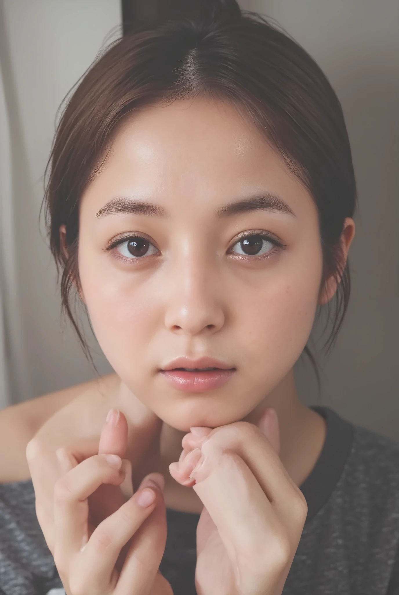 Masterpiece,   Amazing Quality,   intricate details,   very detailed,   professional lighting ,  ,( Sharp Concentration),   alone,   (  grey t-shirt  ,     covered nipples  ), (  flat chest:1.5), (slender,   slim and thin body,  skinny:1.2), (  small head, Beautiful little face),   white skin, (  attention to detail of eyes and face,  Professional Shooting Techniques ), Sophisticated nostrils , lewd expression , dusk, ( perfect anatomy ,  anatomically accurate), (  detailed hands:1.3,  Perfect right hand:1.2), ((Transcendental beautiful face  , , Idol&#39;s face))
