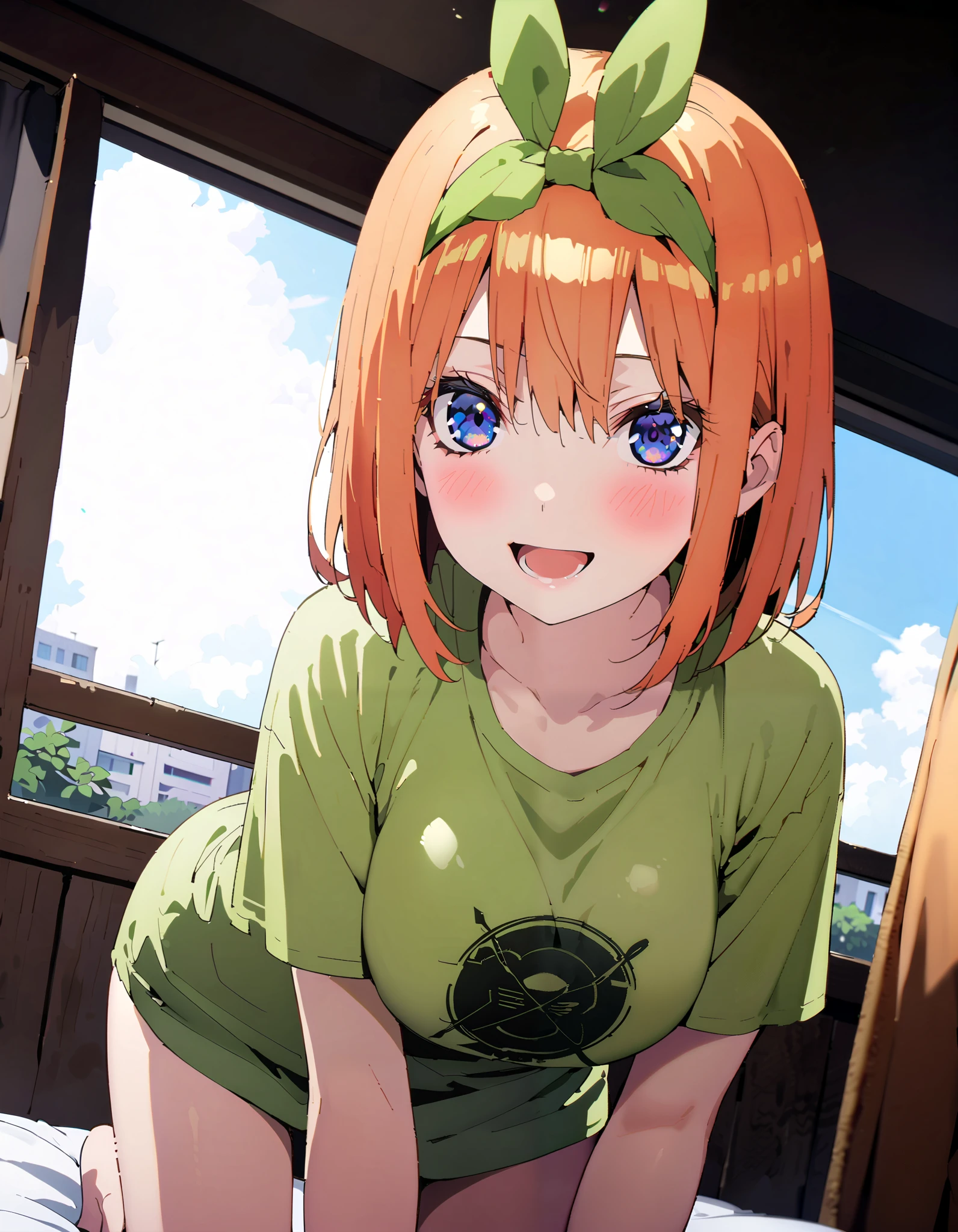 Nakano Yotsuba, short hair, bangs, blue eyes, , orange hair,Eye hair ribbon , headband, orange hair, (Green ribbon:1.5),smile,blush, open your mouth,Big Breasts, standing on all fours on the bed, down blouse, loose t-shirt ,green string underwear , decor,whole bodyがイラストに入る入るように, break indoors,bedroom,
break looking at viewer,whole body,
break ( Masterpiece:1.2), top quality , kampala, Unity 8k Wallpaper,(shape:0.8),( fine, beautiful eyes :1.6),It's a person ,whole body写真,CG Details , ( perfect hands, Complete Anatomy),