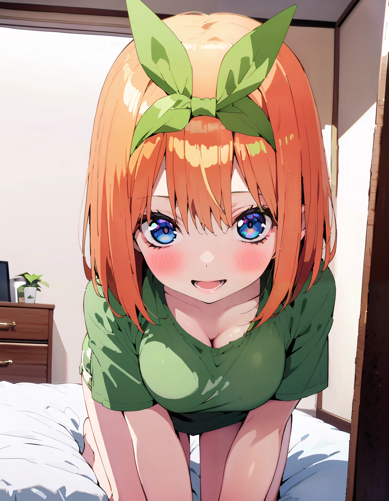 Nakano Yotsuba,  short hair, bangs,  blue eyes,  ,  orange hair,Eye hair ribbon ,  headband,  orange hair, (Green ribbon:1.5),smile,blush, open your mouth,Big Breasts, standing on all fours on the bed,  down blouse, loose t-shirt ,green string underwear , decor,whole bodyがイラストに入る入るように,                                                                               break indoors,bedroom,
break looking at viewer,whole body,
break ( Masterpiece:1.2), top quality , kampala, Unity 8k Wallpaper,(shape:0.8),(  fine, beautiful eyes  :1.6),It's a person ,whole body写真,CG Details , ( perfect hands, Complete Anatomy),