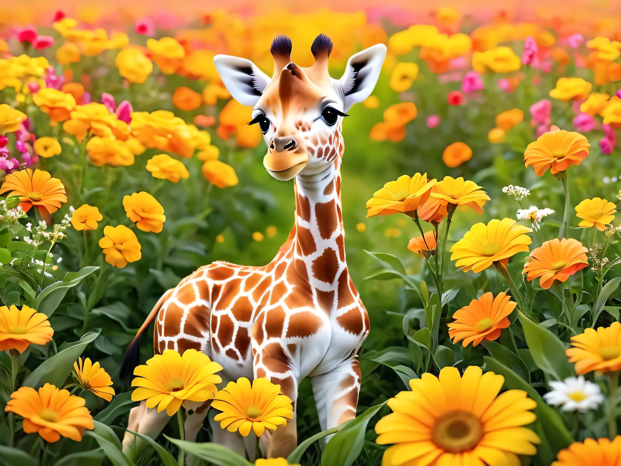 There is a cute  giraffe in the flower field