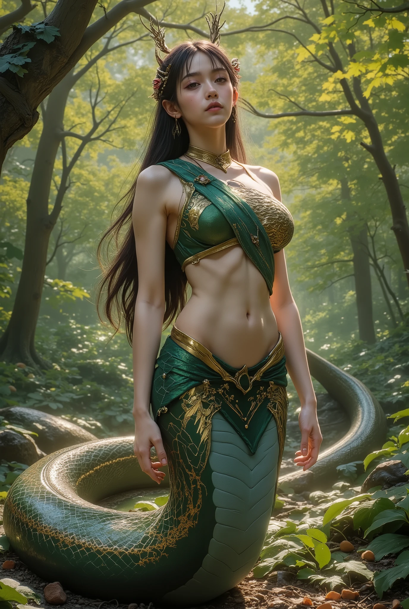 A mystical snake woman, half human and half serpent, with a captivating and enchanting presence. She has long, flowing hair that cascades down her back, blending seamlessly with the scales of her lower body. Her upper body is that of a graceful woman, featuring delicate facial features and piercing eyes that shimmer with an otherworldly glow.
Her skin has a slight iridescent sheen, while intricate patterns of scales in rich greens and golds cover her serpent tail, which coils elegantly behind her. She is positioned in a lush, enchanted forest, surrounded by vivid foliage and dappled sunlight filtering through the leaves. The atmosphere is magical and alluring, capturing the essence of mythical beauty.